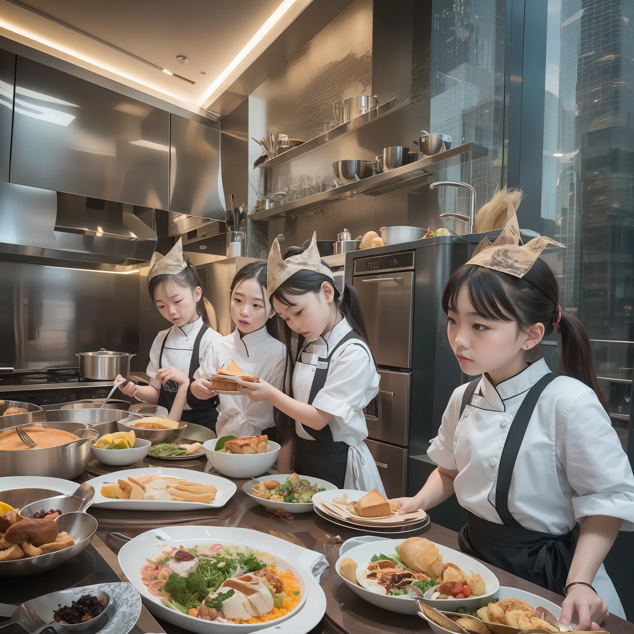 Located on the 180th floor of Shanghai Tower，Five delicate cute little girls with upturned asses，junior school student，Cook in an upscale open kitchen