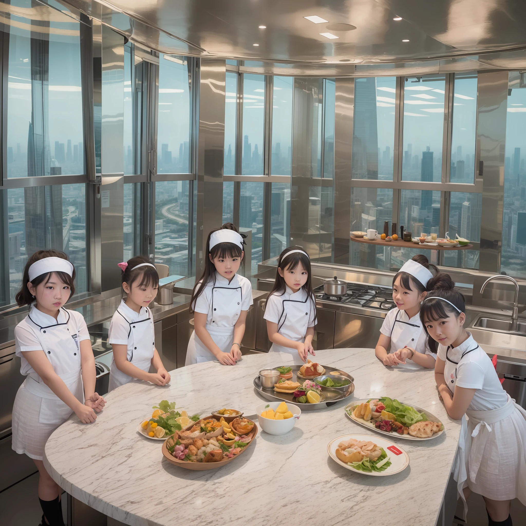 Located on the 180th floor of Shanghai Tower，Five delicate cute little girls with upturned asses，junior school student，Cook in an upscale open kitchen