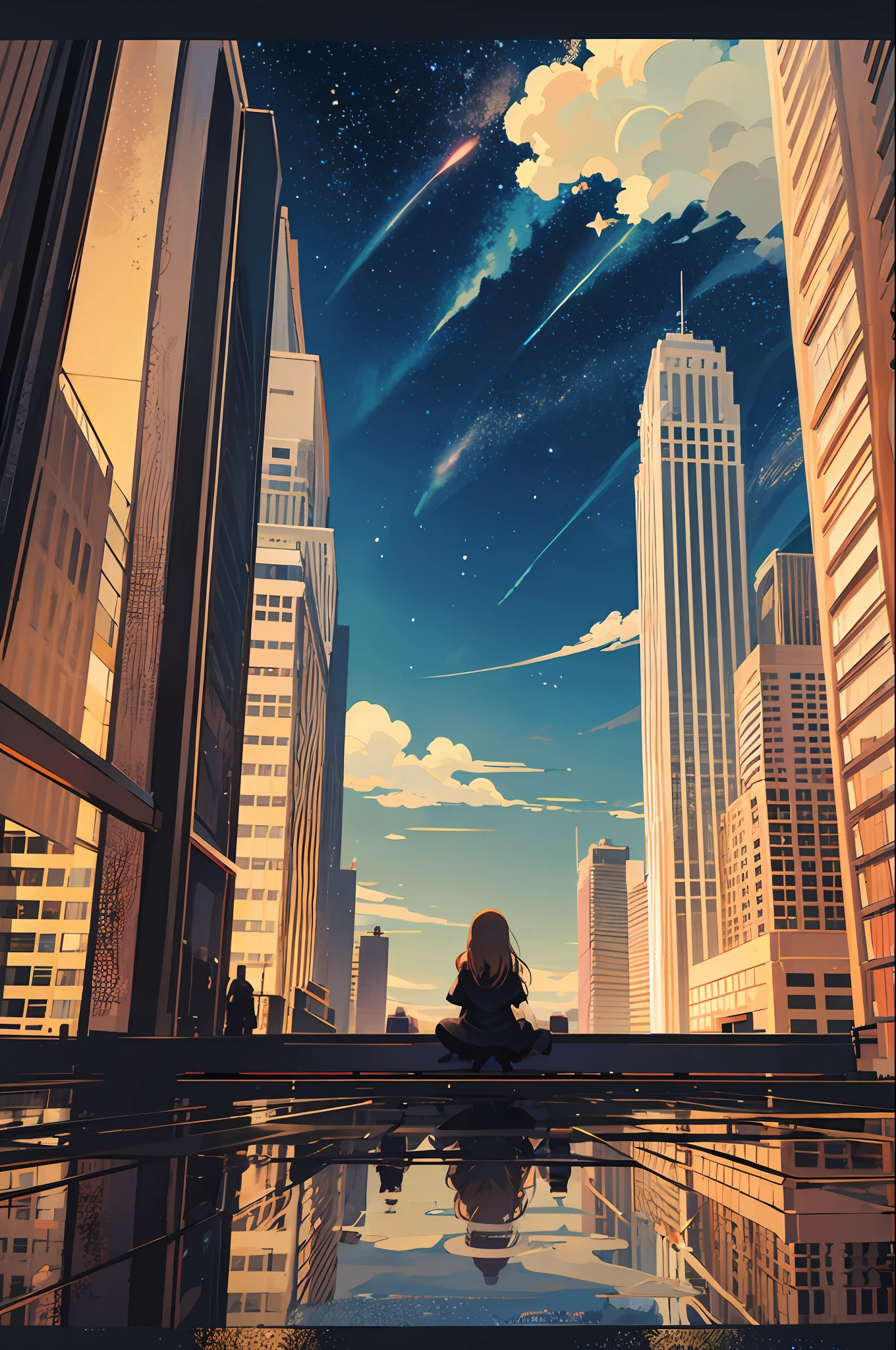 octans, sky, star (sky), scenery, starry sky, night, 1girl, night sky, solo, outdoors, building, cloud, milky way, sitting, tree, long hair, city, silhouette, cityscape