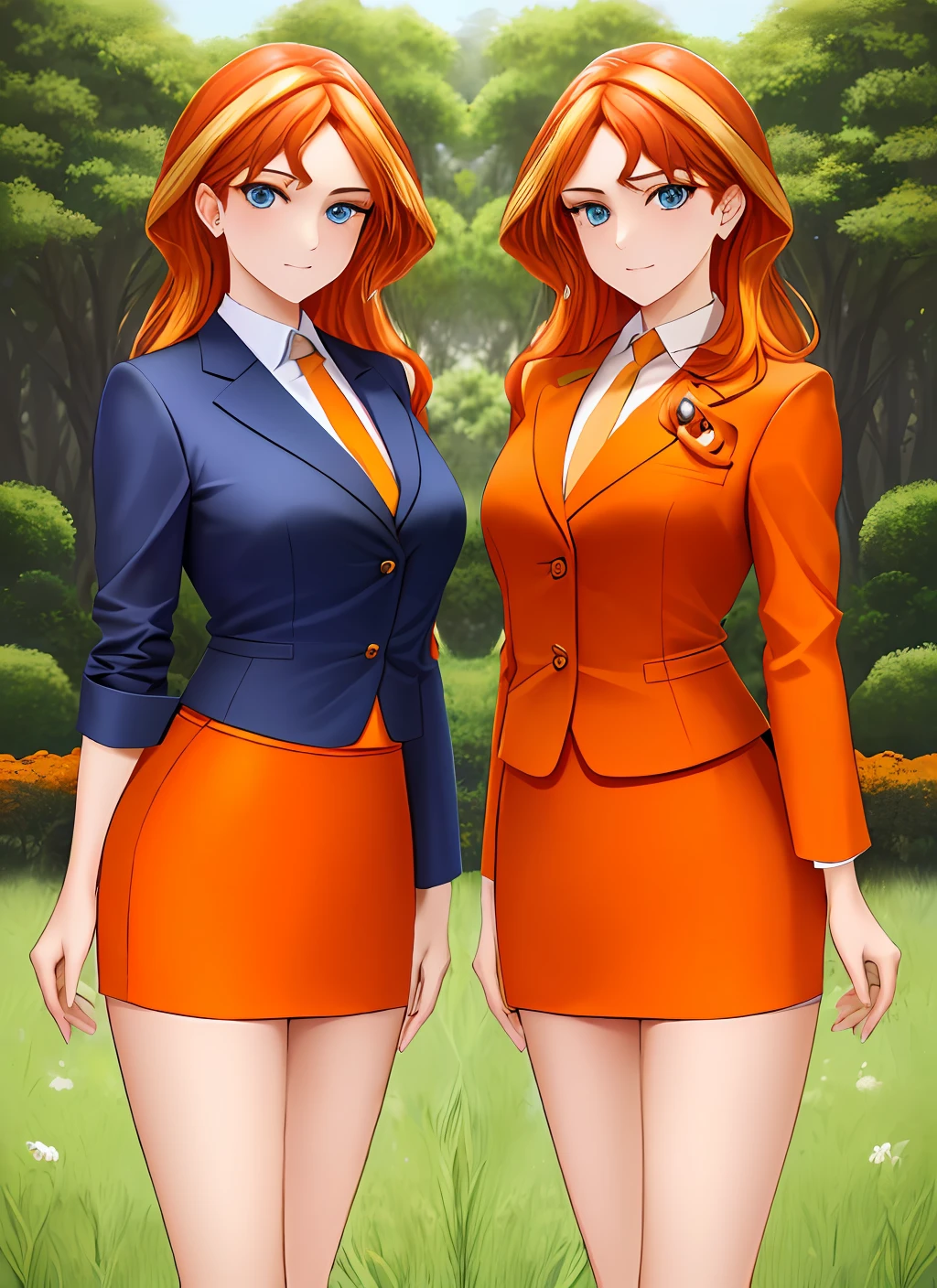 ((best quality)), ((highly detailed)), masterpiece, (detailed eyes, deep eyes), (2girls, duo, identical twins, clones, doppelganger), cowboy shot, SunsetHuman, (multicolored hair, (two-tone hair:1.1), red and blonde hair), BREAK, aqua eyes, ((office ladies, orange skirt suit, orange sleeves, orange pencil skirt, orange tight skirt, bare legs, high heels, same color skirt suits)), highly detailed faces, highly detailed bodies, mnstfc, skirt