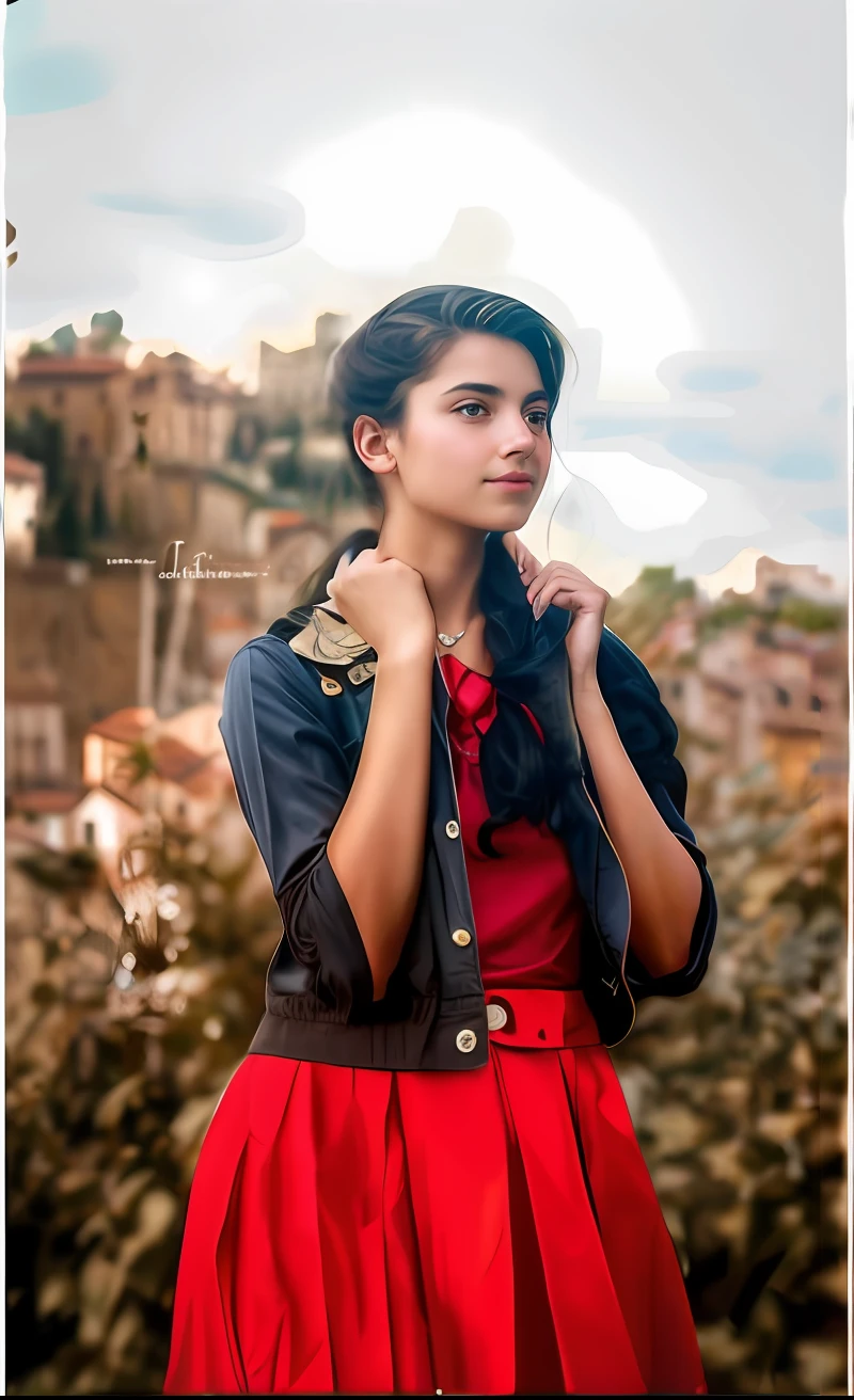 Masterpiece, best quality, painting in style of villard, an Italian girl standing in front of her souvenir shop, smiling, long russet hair, red T-shirt, shell necklace, sleeveless vest, plump chest