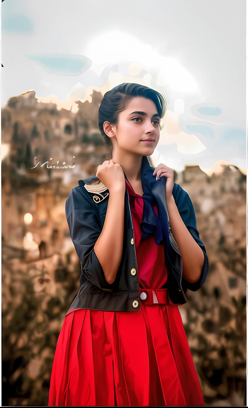 Masterpiece, best quality, painting in style of villard, an Italian girl standing in front of her souvenir shop, smiling, long russet hair, red T-shirt, shell necklace, sleeveless vest, plump chest