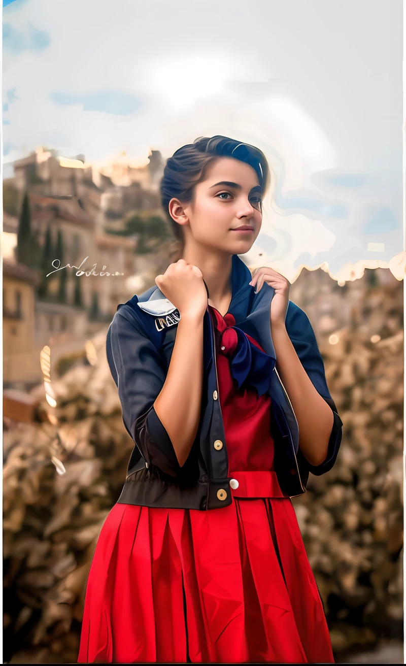 Masterpiece, best quality, painting in style of villard, an Italian girl standing in front of her souvenir shop, smiling, long russet hair, red T-shirt, shell necklace, sleeveless vest, plump chest