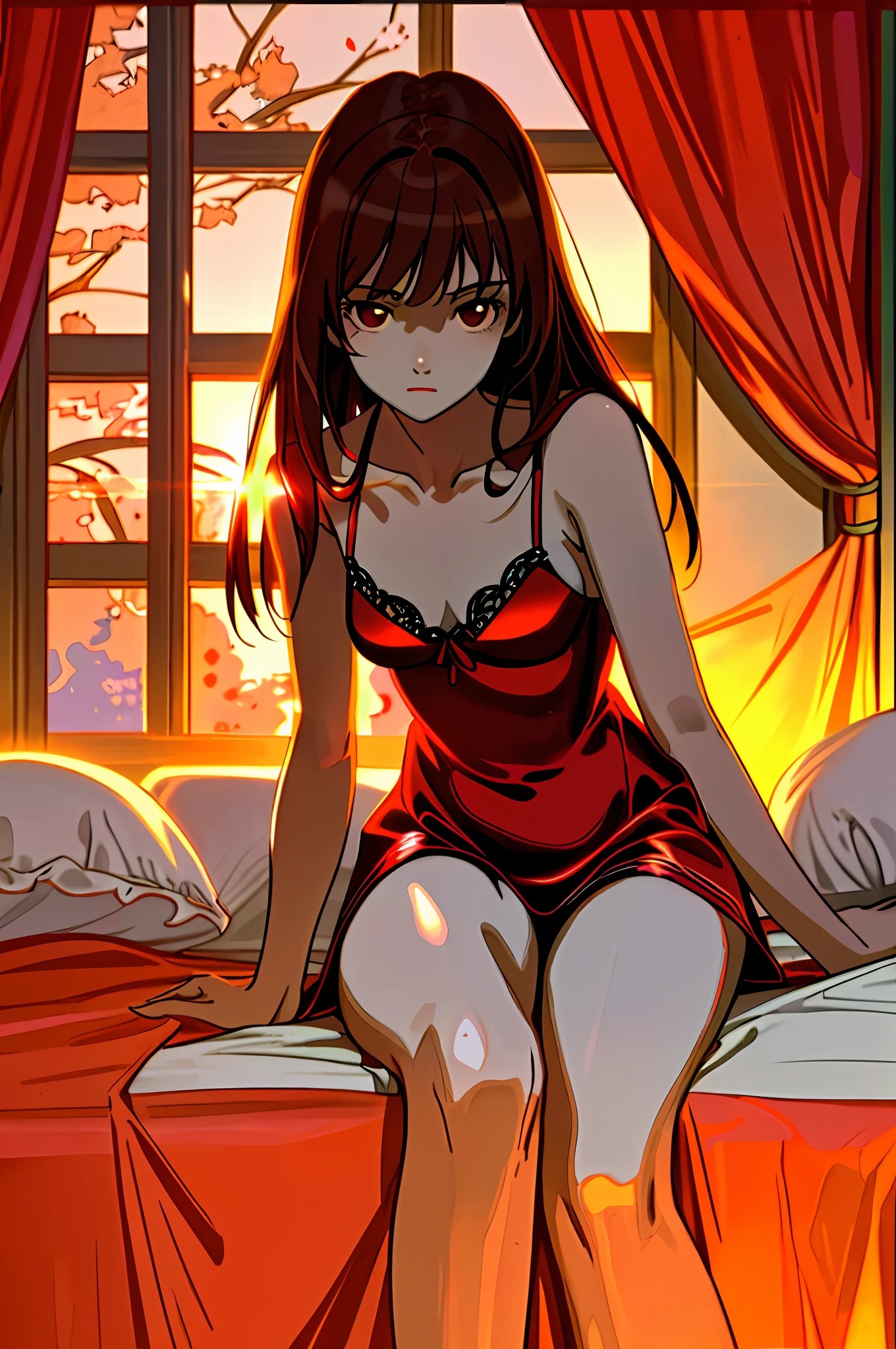 Amazing, 最好质量 , Ultra-detailed, A high resolution, Extremely detailed,Best quality ,Masterpiece, illustration, An extremely delicate and beautiful, Extremely detailed ,CG ,8K wallpaper, Amazing, finedetail, Masterpiece,Best quality,offcial art,,closeup cleavage,volumettic light,Mood lighting,((the setting sun)),Outside the window,blossoms,,𝓡𝓸𝓶𝓪𝓷𝓽𝓲𝓬,True light source,1girll,thighs focus,brunette color hair,((Red silk nightdress)),sit on a bed,Red sheets,smallunderboob,M open legs,Bare legs,Absolute realm