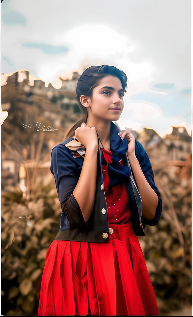 Masterpiece, best quality, painting in style of villard, an Italian girl standing in front of her souvenir shop, smiling, long russet hair, red T-shirt, shell necklace, sleeveless vest, plump chest