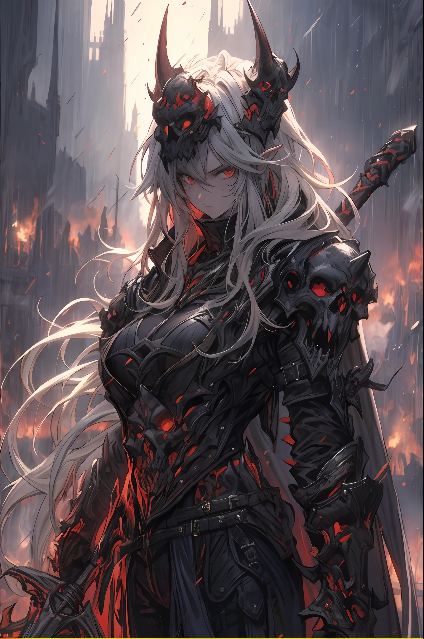 Concept 1: Female Demon Warrior Description: A fierce female warrior wearing spiked black armor and holding a flaming sword. Skeletal ram horns crown her head and green hellfire rises behind her. Style: Dynamic Digital Painting Artists: Wei Feng, Jaemin Kim