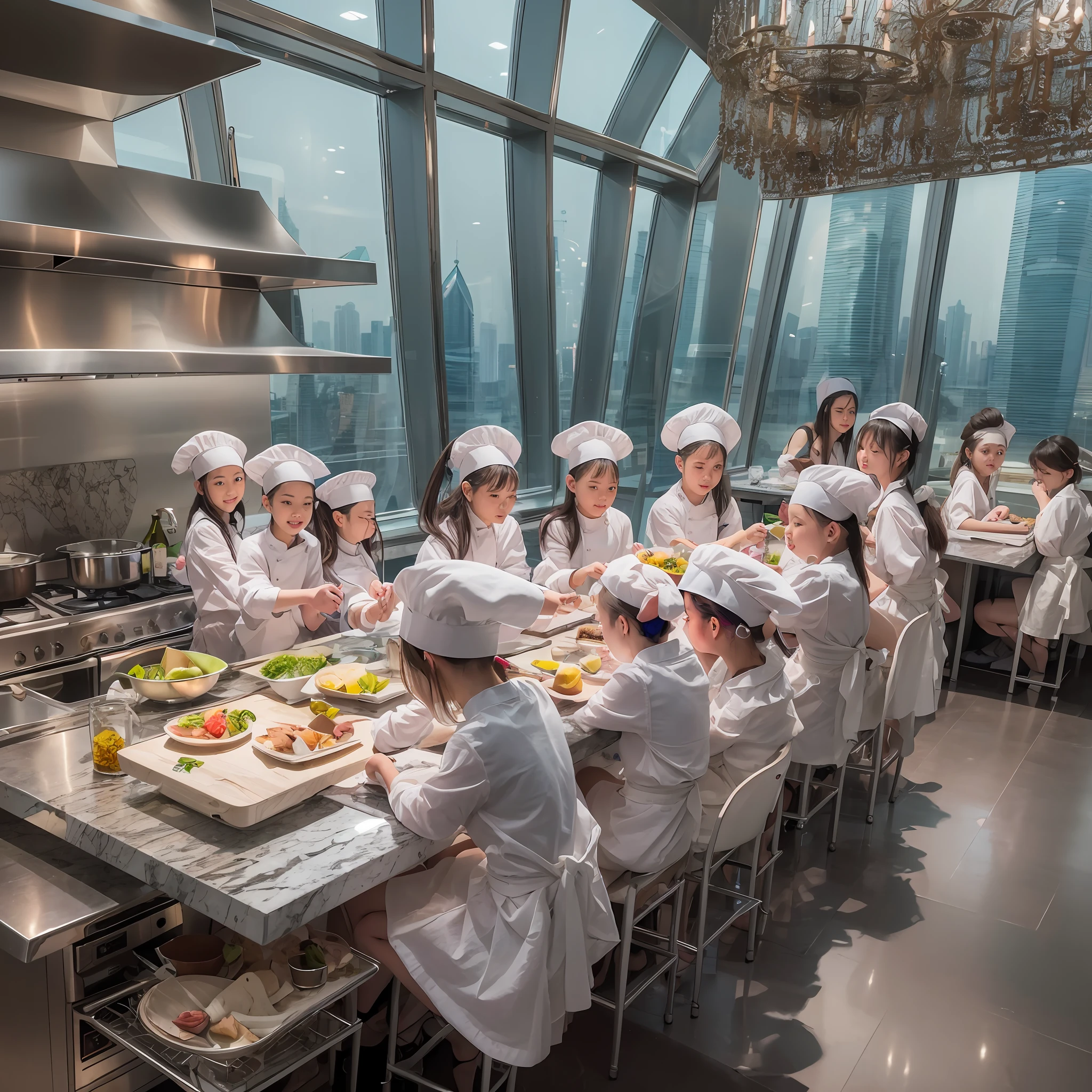 Located on the 180th floor of Shanghai Tower，Five delicate cute  girls with upturned asses，juniorin an upscale open kitchen