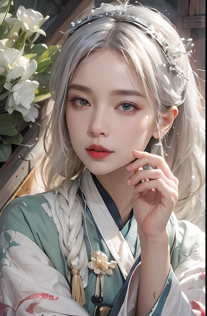 Photorealistic, high resolution, Soft lights, 1womanl, Shiny skin, Fine fine skin, Solo, Hips up, view the viewer, (Detailed face), White hair, Long hair, Wedding Hanfu