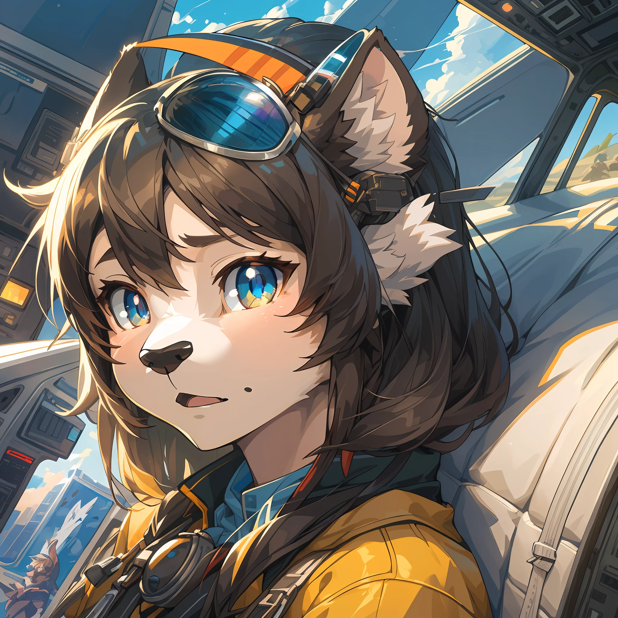 top quality, best quality, High-quality illustrations, masterpiece, super high resolution, detailed background, detailed background, Pilot flying a Cessna aircraft, 3+boys, 3+girls, absurdres(highly detailed beautiful face and eyes)perfect anatomy, expression, good lighting, cinematic shadow(kemono, furry anthro),