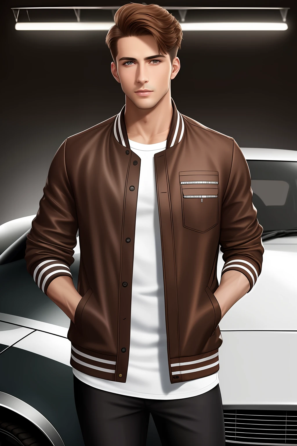 1man, beautiful face, posing at car exhibition, strict, clean brown hair, handsome, varsity jacket, shirt, pants, jock, ultrarealistic, realism, studio lighting, magazine photography, HDR, 4k resolution, hd, 2k, 8k, 16k, HDR 4k