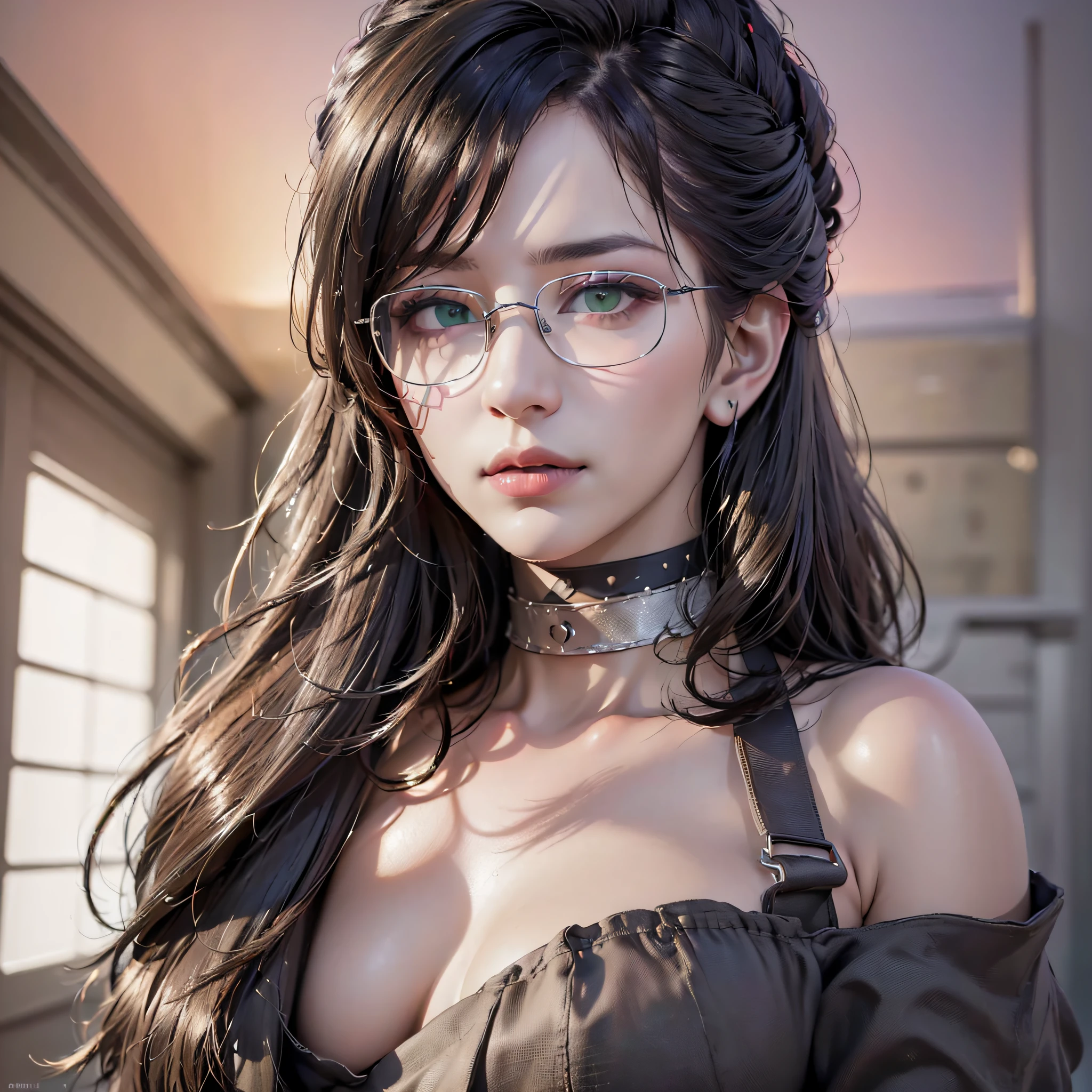 (64k, RAW photo, highres, best quality, masterpiece:2.0), (ultra-fine depiction of the detail:2.0), (realistic, beautiful, photo-realistic:1.3), 1girl, (yuri alpha), long black hair, (single braid bun), (shiny black hair, blue-gray eyes),(cool glasses), (gothic style vivid blue choker), (blue bowtie and ribbon) (simple but high-quality maid dress), (elaborately designed, vivid dark emerald green, spiked gantlets), (solemn maid dress with gothic style coreset), (huge breasts), (elegant and handsome woman), (shiny skin, pink lips), (looking at the viewer), (closed mouth, a faint smile), (in a study room, filled with solemn atmosphere), (highly sophisticated professional HDR, with effective ambient occlusion, perfectly optimized effective spot light and front light:1.8), (perfect, natural, harmonious composition), (photo-realistic, ultra-detailed:1.5), ((only by full body shot and cowboy shot from front:1.6))