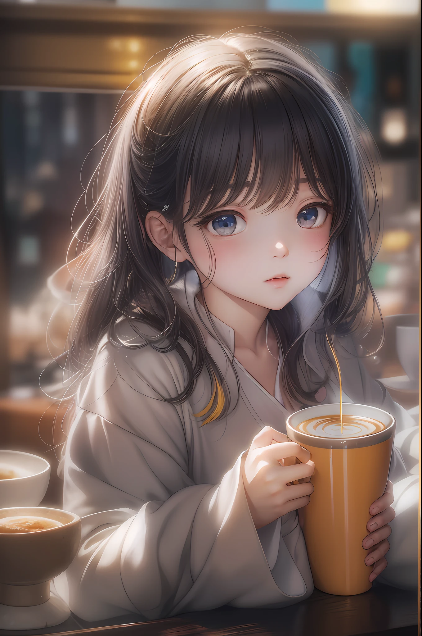 (8k, RAW photo, best quality, master:1.2), (realistic, photo-realistic:1.37), ultra detailed, 1 girl, cute, solo, beautiful detailed sky, detailed cafe, night, sitting, dating,（鼻子脸红),(微笑:1.1),(闭嘴),中等胸,美丽细致的眼睛,(领衬衫:1.1),领结,百褶裙,(短发:1.2),飘逸的头发