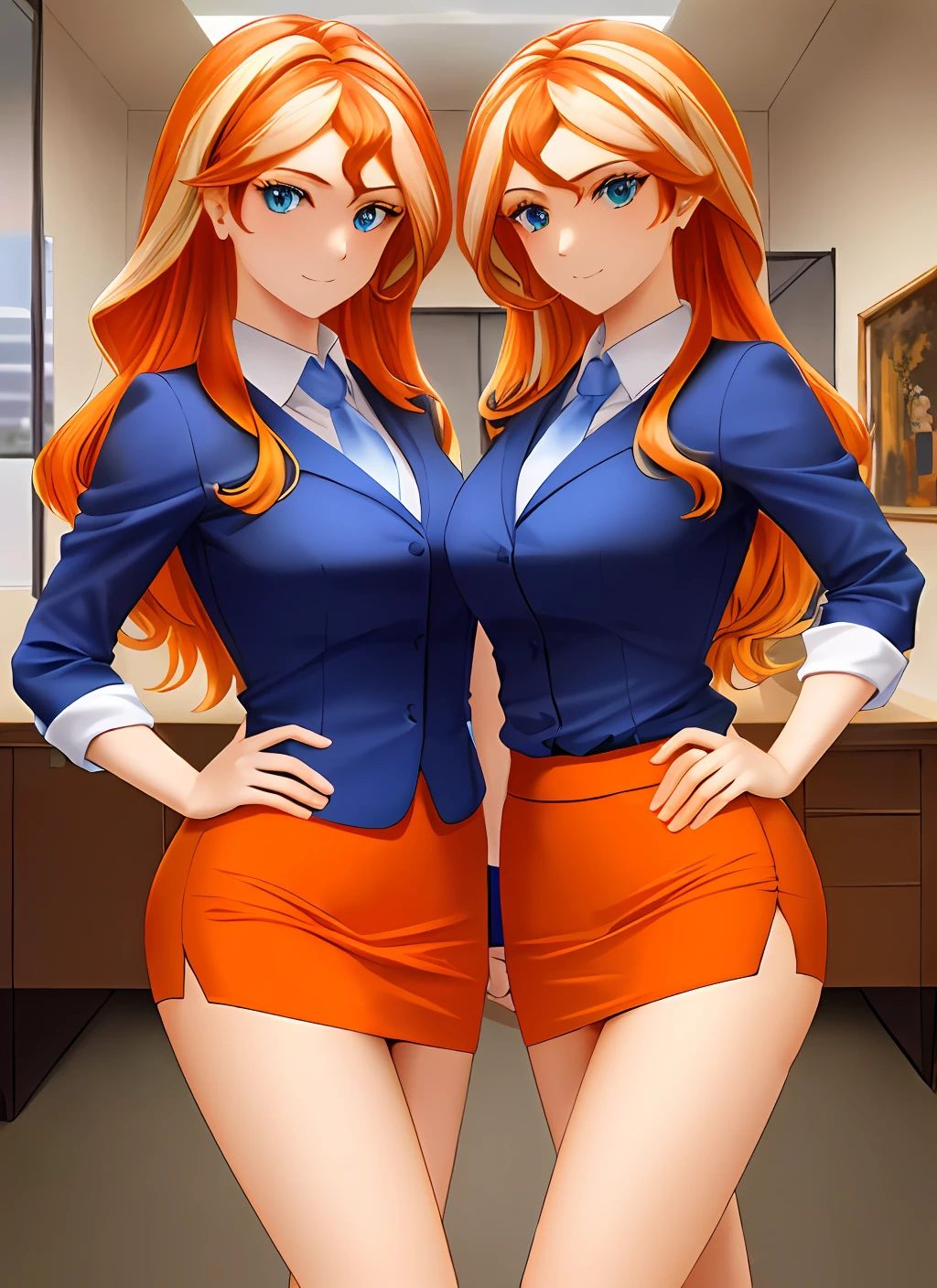 ((best quality)), ((highly detailed)), masterpiece, (detailed eyes, deep eyes), (2girls, duo, identical twins, clones, doppelganger), cowboy shot, SunsetHuman, (multicolored hair, (two-tone hair:1.1), red and blonde hair), BREAK, aqua eyes, ((office ladies, orange skirt suit, orange sleeves, orange pencil skirt, orange tight skirt, bare legs, high heels, same color skirt suits)), highly detailed faces, highly detailed bodies, mnstfc, skirt