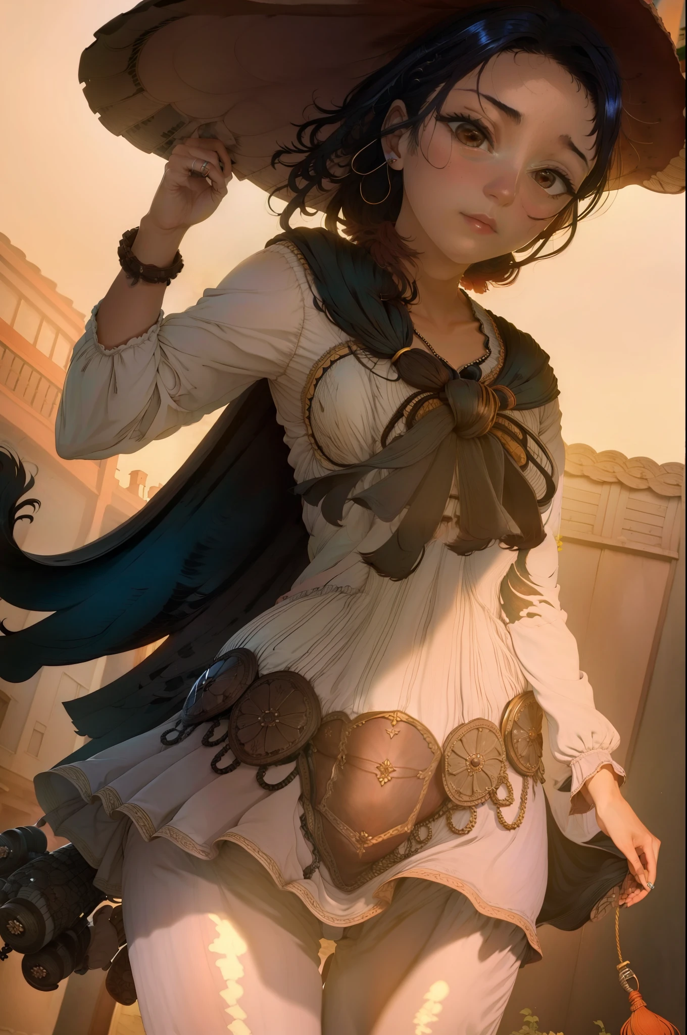 Una hermosa vaquera. She is in the middle of the street in a small village. She holds two large revolvers.., uno en cada mano, Usar ropa de mezclilla, un sombrero y botas altas. Su cabello es largo y rizado. It's a spectacular full-body image with a low upward tilt angle..