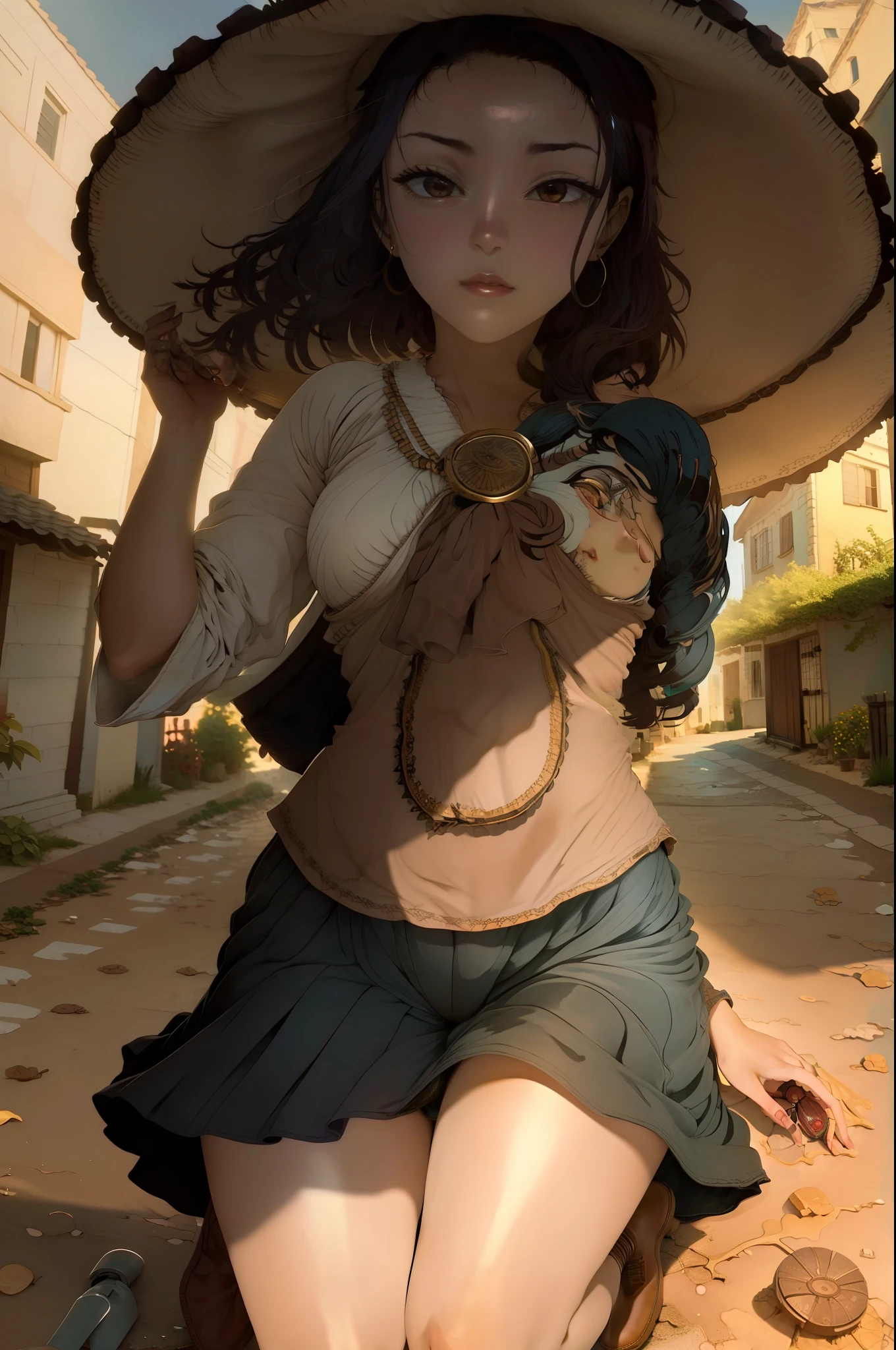 Una hermosa vaquera. She is in the middle of the street in a small village. She holds two large revolvers.., uno en cada mano, Usar ropa de mezclilla, un sombrero y botas altas. Su cabello es largo y rizado. It's a spectacular full-body image with a low upward tilt angle..