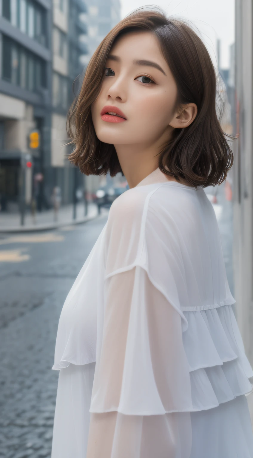 ((Best Quality, 8k, Masterpiece:1.3)), Focus:1.2, Perfect Body Beauty:1.4, Buttocks:1.2, ((Layered Haircut, Breasts:1.2)), (Wet Clothes:1.1) , (Rain, Street:1.3), Bandeau Dress: 1.1, Highly Detailed Face and Skin Texture, Fine Eyes, Double Eyelids, Whitened Skin, Long Hair, (Shut Up: 1.3)