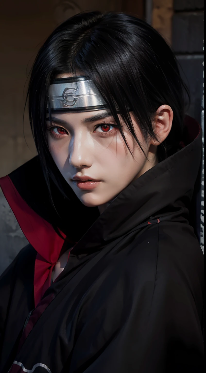 itachi uchiha from anime naruto, black hair, short hair, headband, akatsuki robe, red eyes, sharinggan eyes, looking at the viewer, standing, perfect body, piercing gaze.