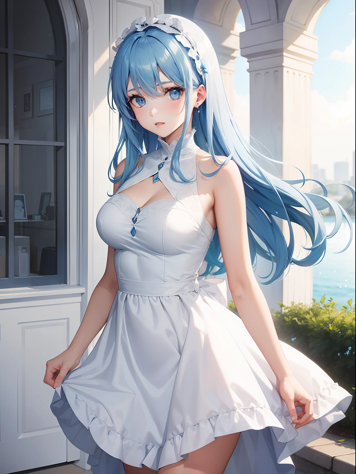 a women, blue hair, blue eyes, white dress