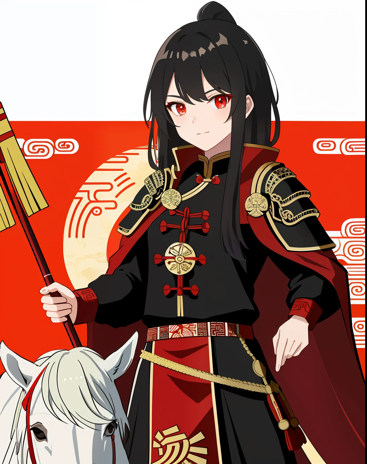 Ancient Chinese military general,Black armor,Red cape,schoolgirls,With a spear in his hand,red color eyes,Tang dynasty style,Ride a white horse