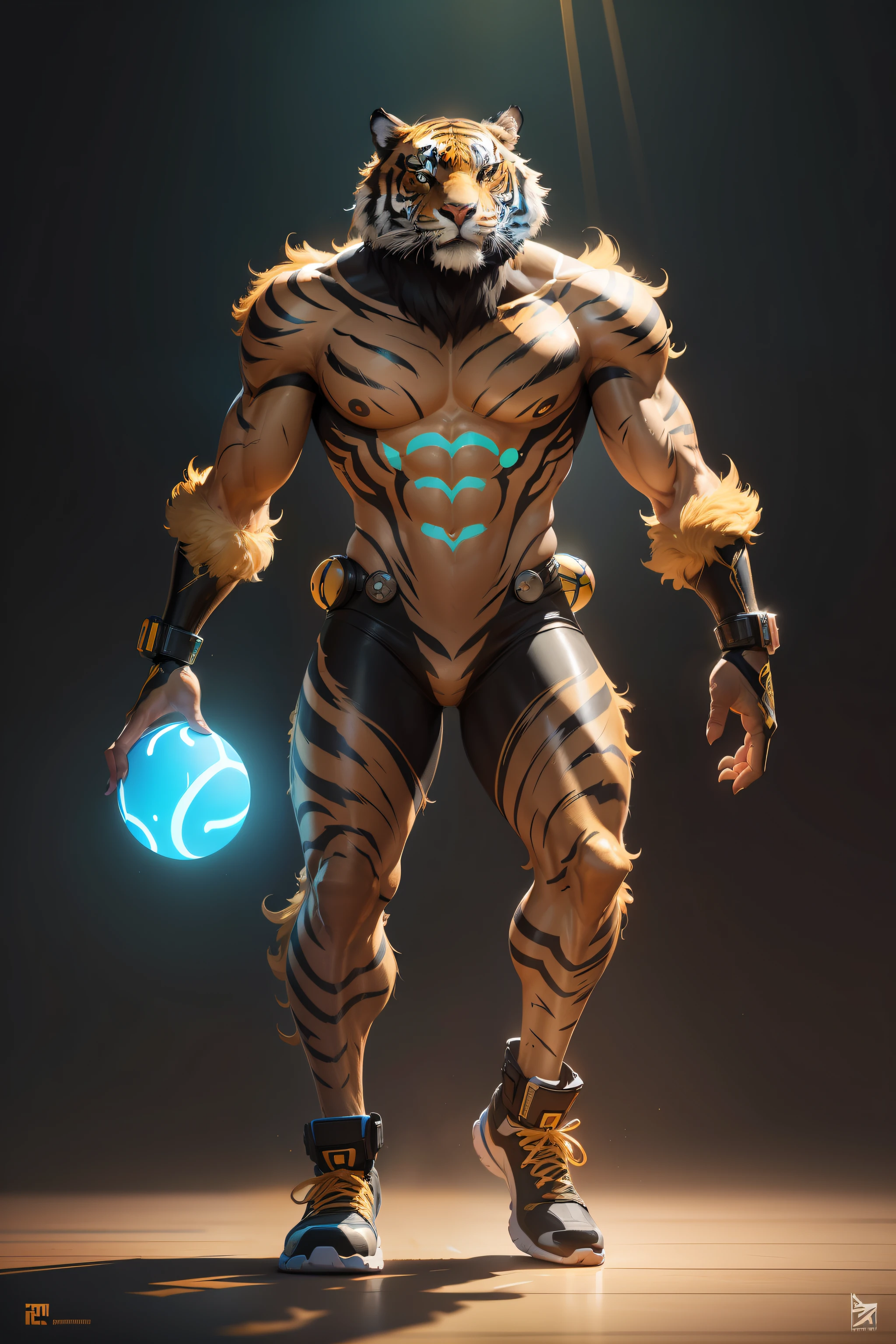 painting of a tiger walking on a basketball court with a ball, cosmic tiger, anthropomorphic tiger, luminescent concept art, neon glow concept art, tiger_beast, realistic paint job, realistic creature concept, painted as a game concept art, humanoid cheetah, raytrace concept art, official concept art, digital painting highly detailed, finished concept art