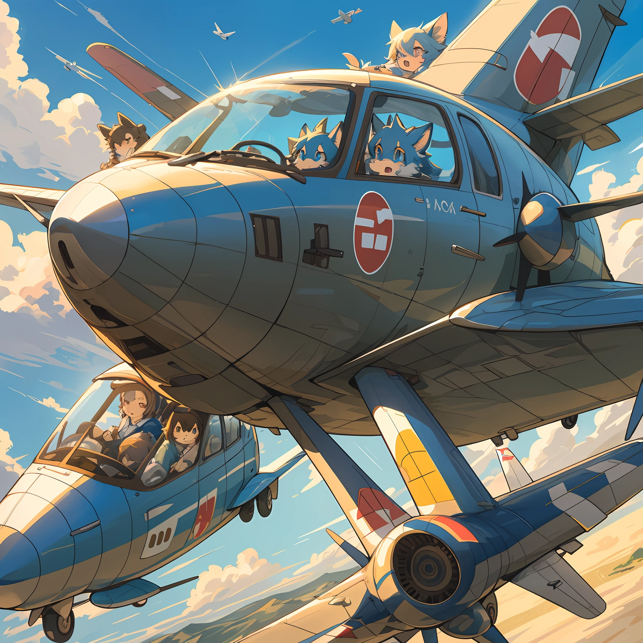 top quality, best quality, High-quality illustrations, masterpiece, super high resolution, detailed background, detailed background, Pilot flying a Cessna aircraft, 3+boys, 3+girls, absurdres(highly detailed beautiful face and eyes)perfect anatomy, expression, good lighting, cinematic shadow(kemono, furry anthro),