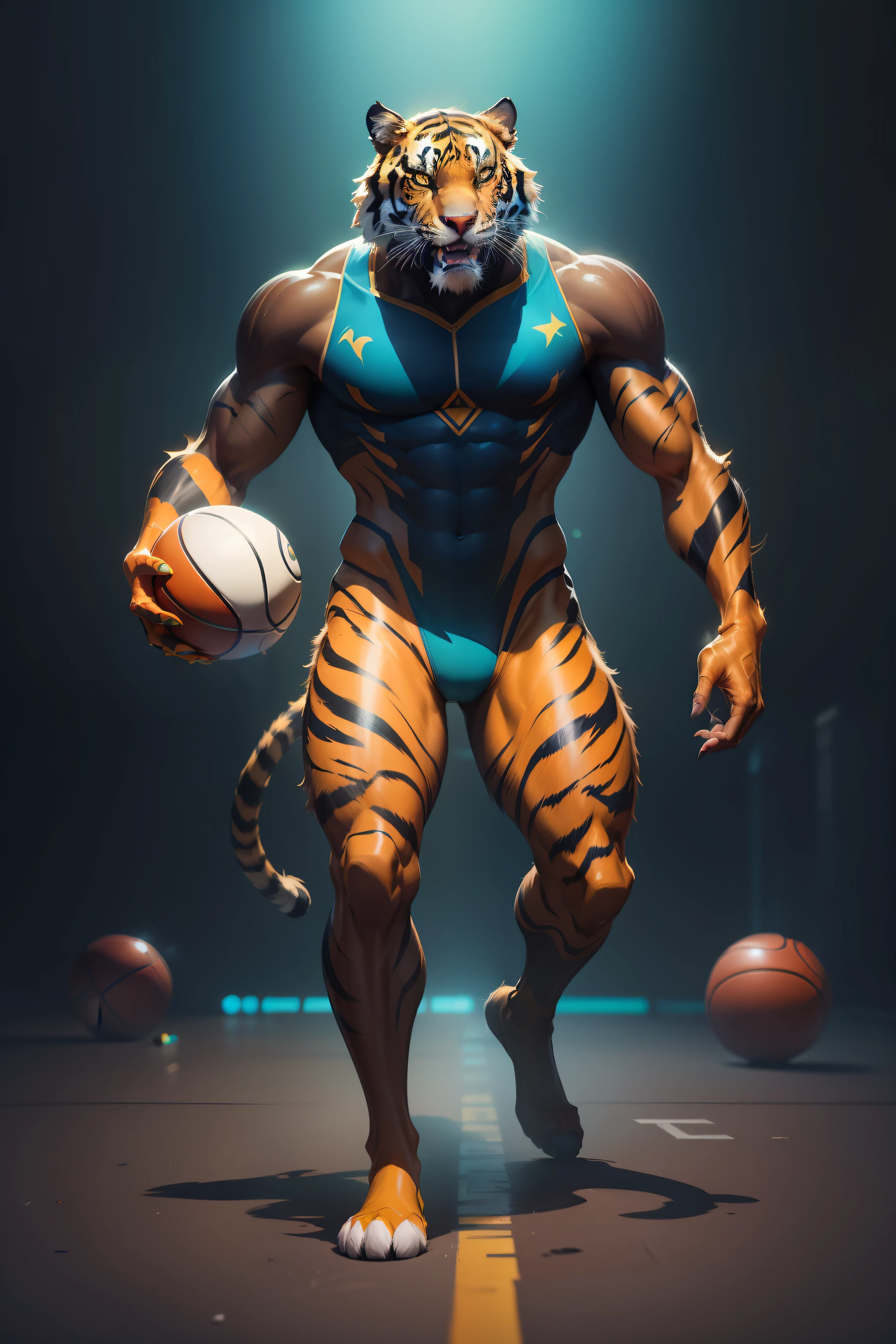 painting of a tiger walking on a basketball court with a ball, cosmic tiger, anthropomorphic tiger, luminescent concept art, neon glow concept art, tiger_beast, realistic paint job, realistic creature concept, painted as a game concept art, humanoid cheetah, raytrace concept art, official concept art, digital painting highly detailed, finished concept art
