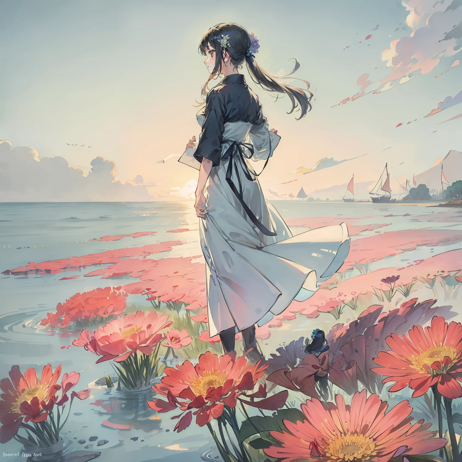 A girl stood in a sea of flowers and looked back，style of anime，4k，perfectly proportions