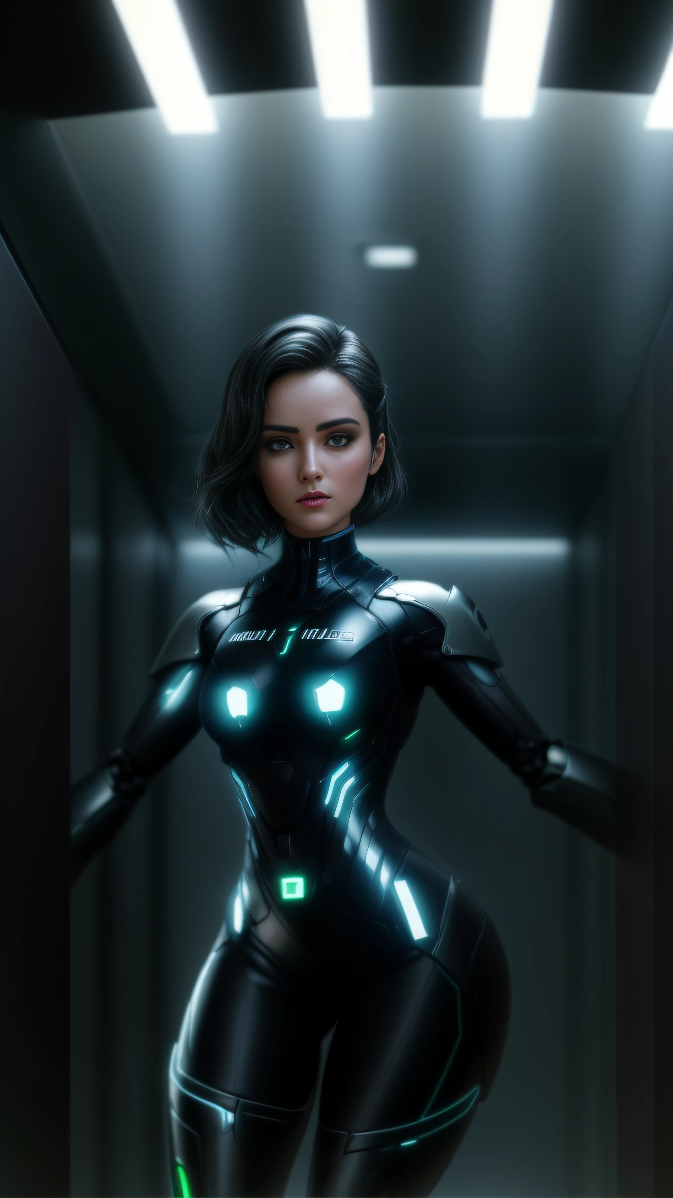 um close up de uma mulher de terno preto com uma luz verde no peito, 3 d render arte do caractere 8 k, android heroine, cybernetic suit, cybernetic suit, sci-fi android feminino, androide feminino, Cassandra Cain em Cetim, render de mirabel madrigal, sci fi female character, protagonista feminina, mulher Scifi, arte oficial do personagem, diverse cybersuits