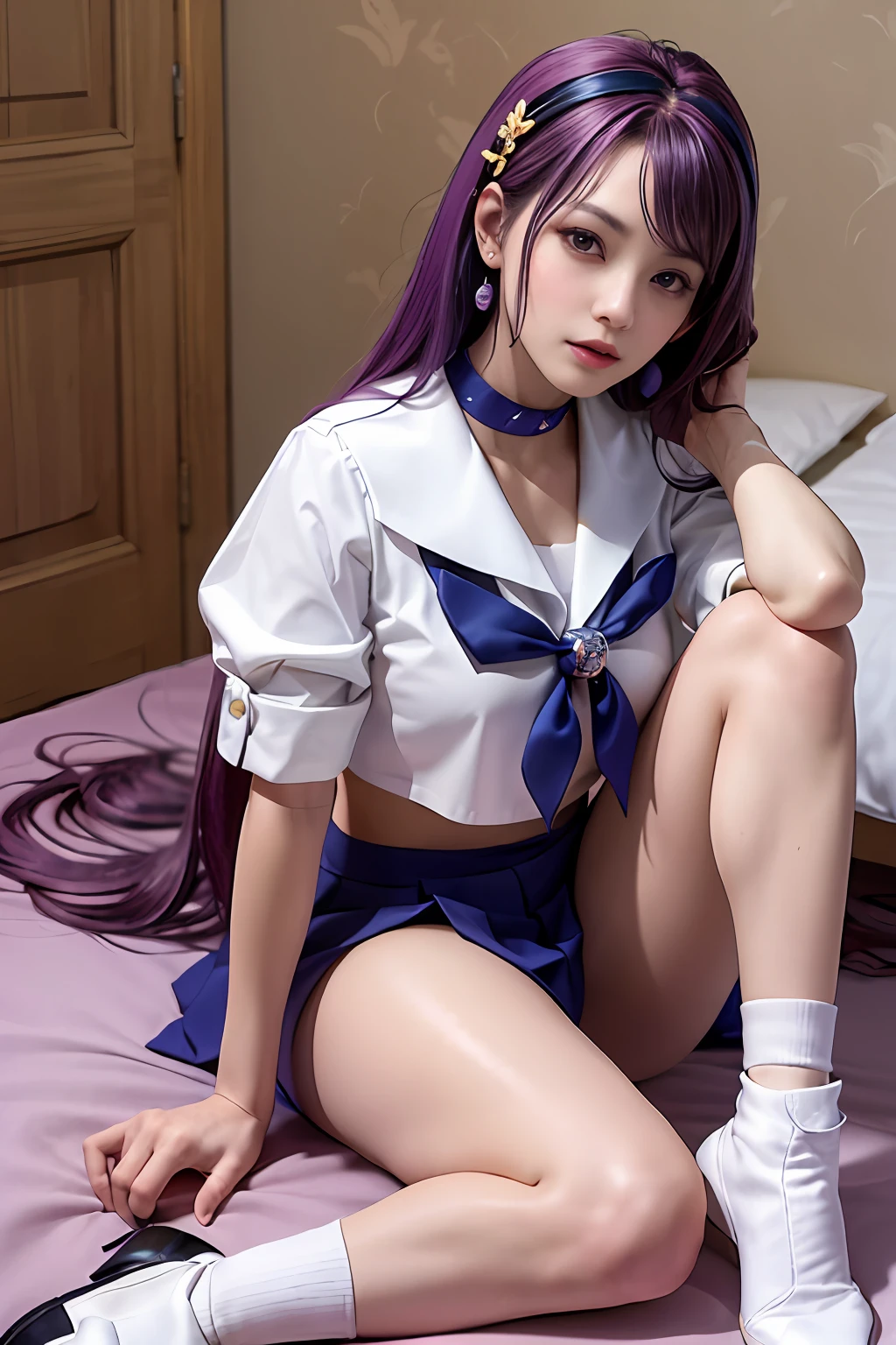 tmasterpiece，best qualtiy，A high resolution，AA1，Purple colored hair，long whitr hair，shairband，long whitr hair，choker necklace，耳Nipple Ring，delicated face，Fine fine skin，，Bedrooms，huge bed，Upper perspective，white short socks，Red shoes，a sailor suit，校服，Skinny，