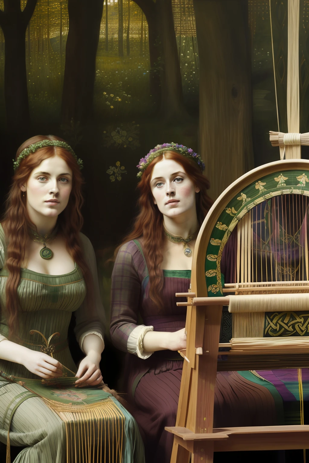 (((Pre-Raphaelite painting of Celtic women in a weaving competition)))