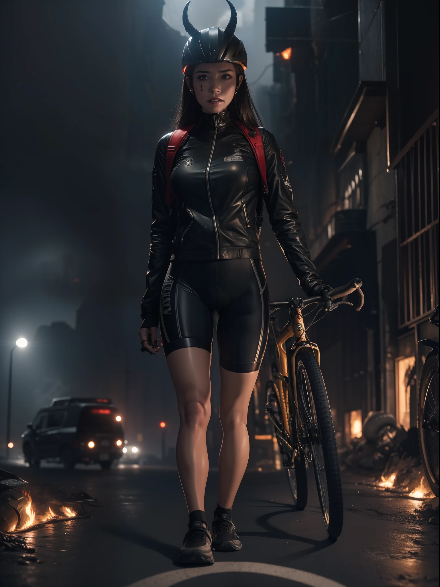 Cinematic Dynamic, Extreme Detail, nffsw,4K, More about Ultra HD, hyper realisitic ,Photorealistic, Octane Render ,Unreal Engine,(1girl in)、character focus、Delivery by bicycle、Messenger Bag、helmets、bicycle、Bike Mail、Bicycle Shorts、Lunette de soleil、(Bike through hell:1.5),Inhabitants of Hell、Fangs and horns on a girl