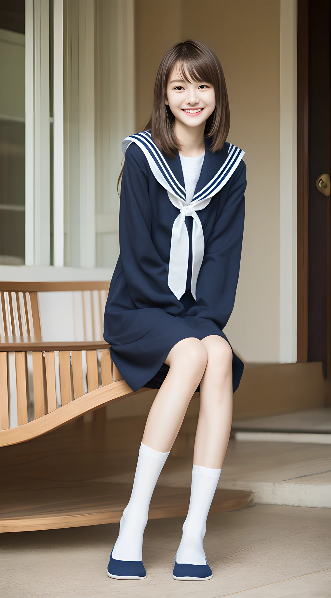 1girl, Thigh height socks, Cute, brown-haired, 14 years old, Smile, Looks pure, Sailor Suit, Photography, Realistic, Best Quality, Detailed face, Full body, slender, Slender legs, Long legs