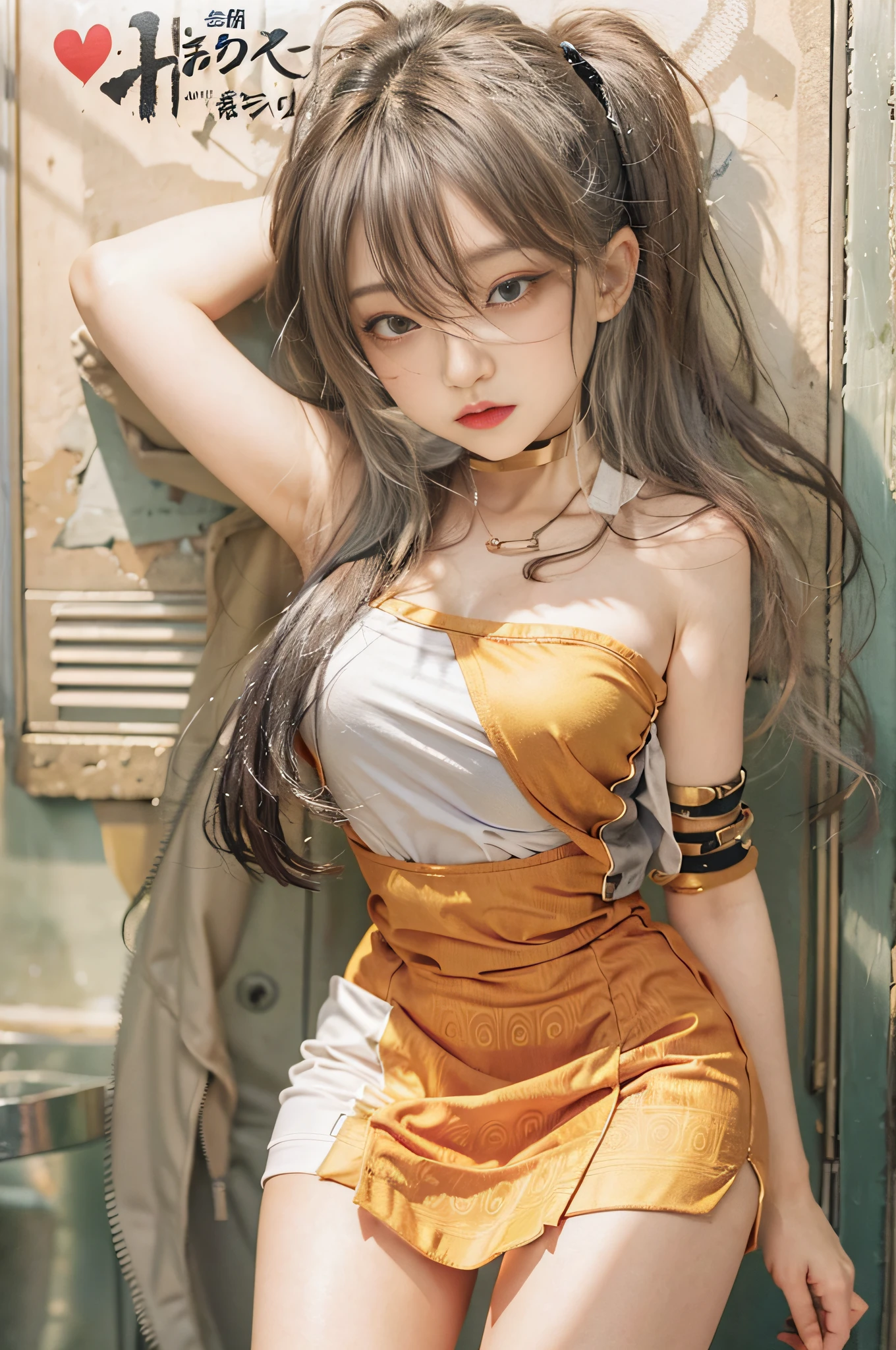 Top image quality、Raw photography、超A high resolution、Cute girl at 18 years old、Shooting for one person only、big round chest、cleavage of the breast、Patterned tank top、Skirt、Shiny hair、Beautiful Eyes of Details、very elongated eyes、Beautiful eyelashes、Beautiful double eyelids、Beautiful legs、eyeshadows、耳Nipple Ring、Standing bossily with hands on hips、Gestures to seduce a man