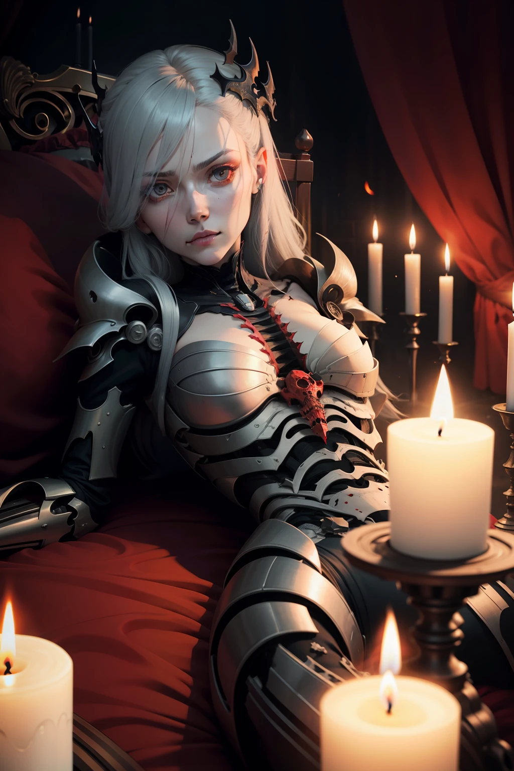 Lady Bones，Gray eye，Bloodless skin，Half recumbent，Red bed，the night，waxy candles，exoskeleton，frontage，looking to the camera