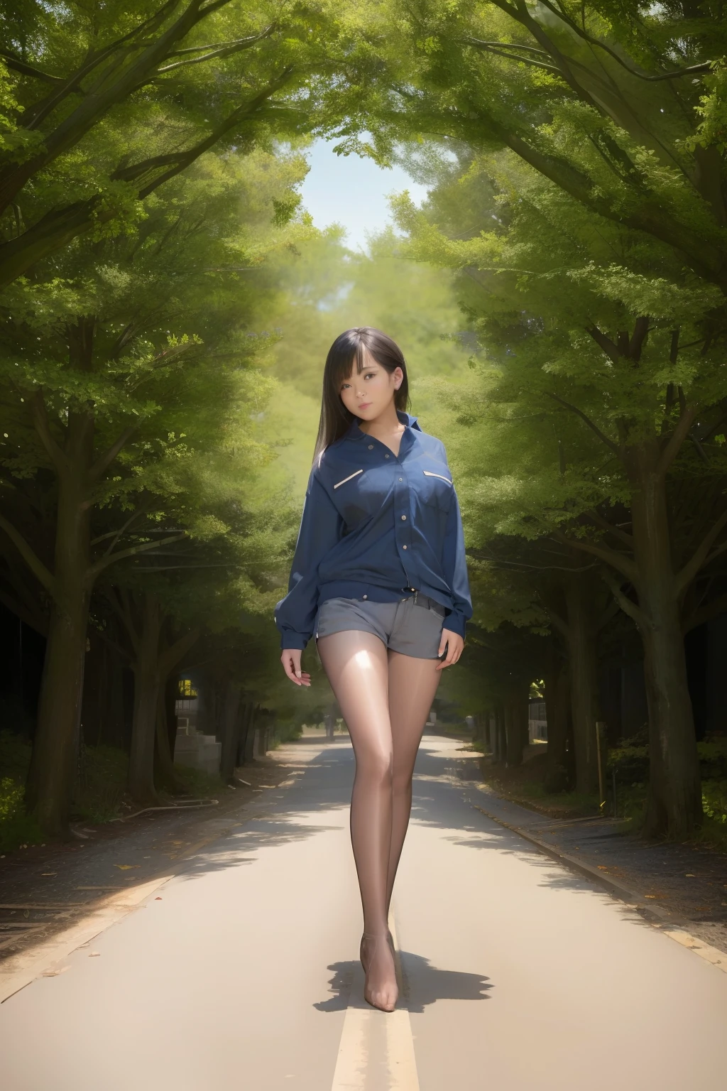 (best quality, masterpiece:1.1), (realistic:1.4), 1girl, cowboy shot, sweater, full body, feet in view, sitting, pantyhose, skirt, t-shirt, outdoors, sunny day