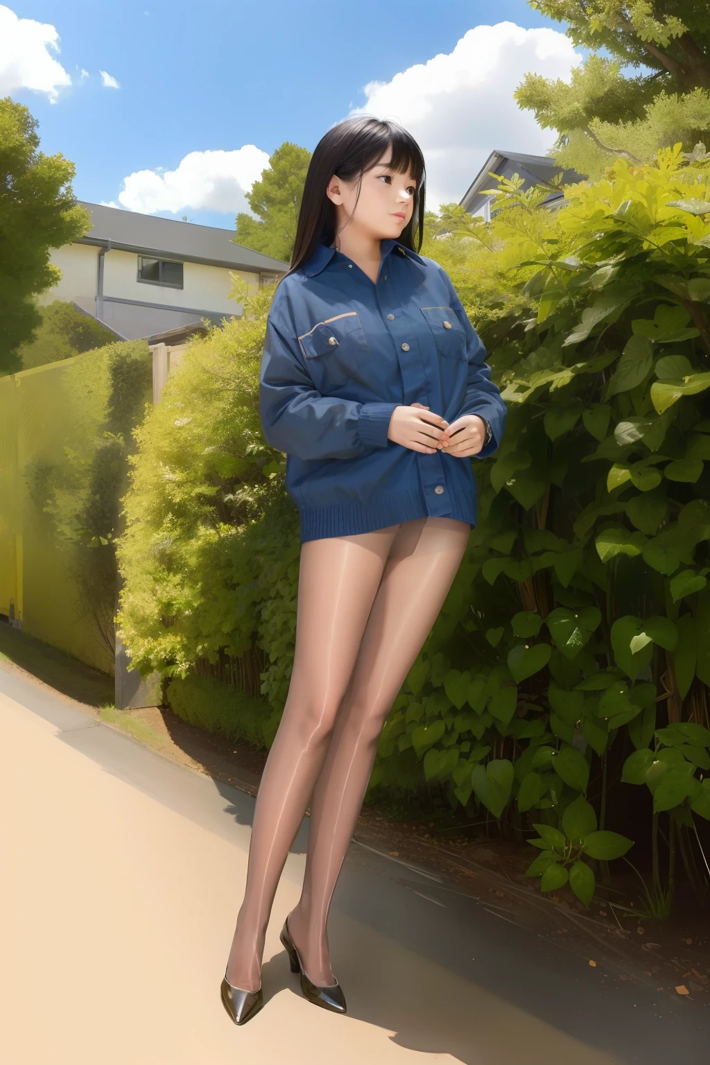 (best quality, masterpiece:1.1), (realistic:1.4), 1girl, cowboy shot, sweater, full body, feet in view, sitting, pantyhose, skirt, t-shirt, outdoors, sunny day
