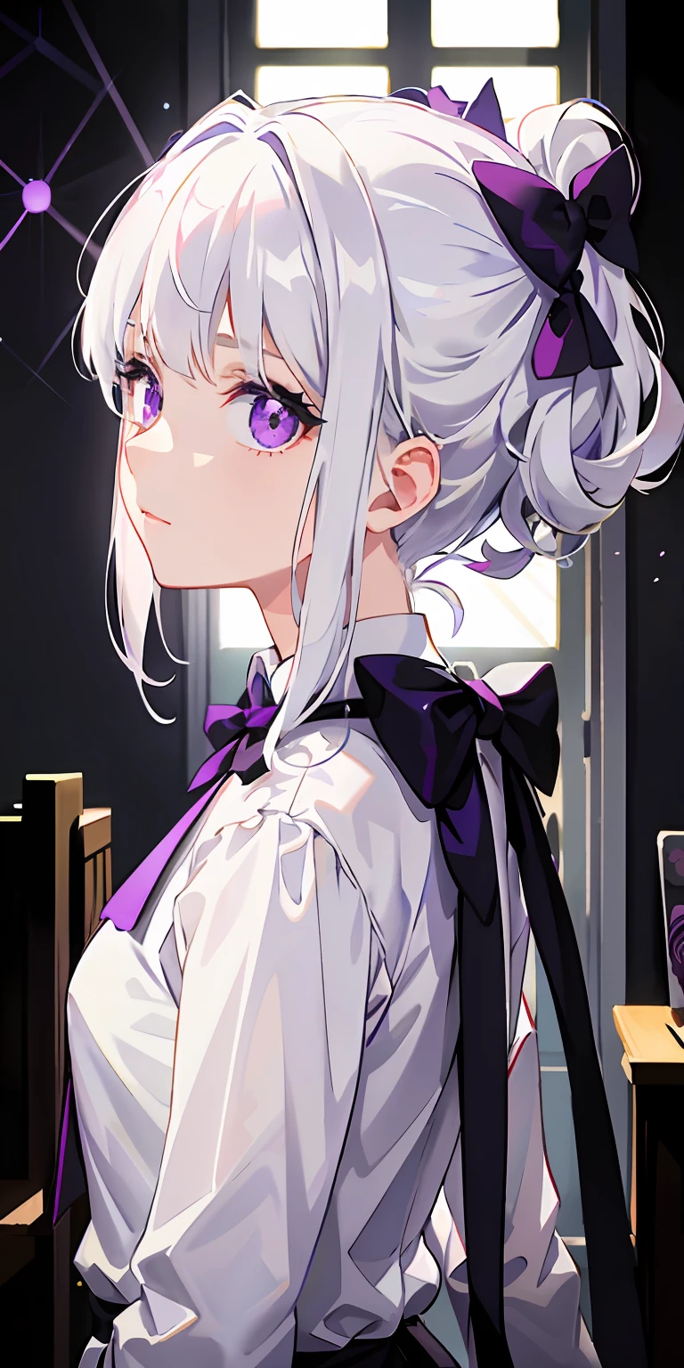 1girll, White hair, Purple eye, sportrait, Bow knot, The light from the back window is backlighted, (the sideview), side-lighting, the wallpaper, white  shirt,Pure side face