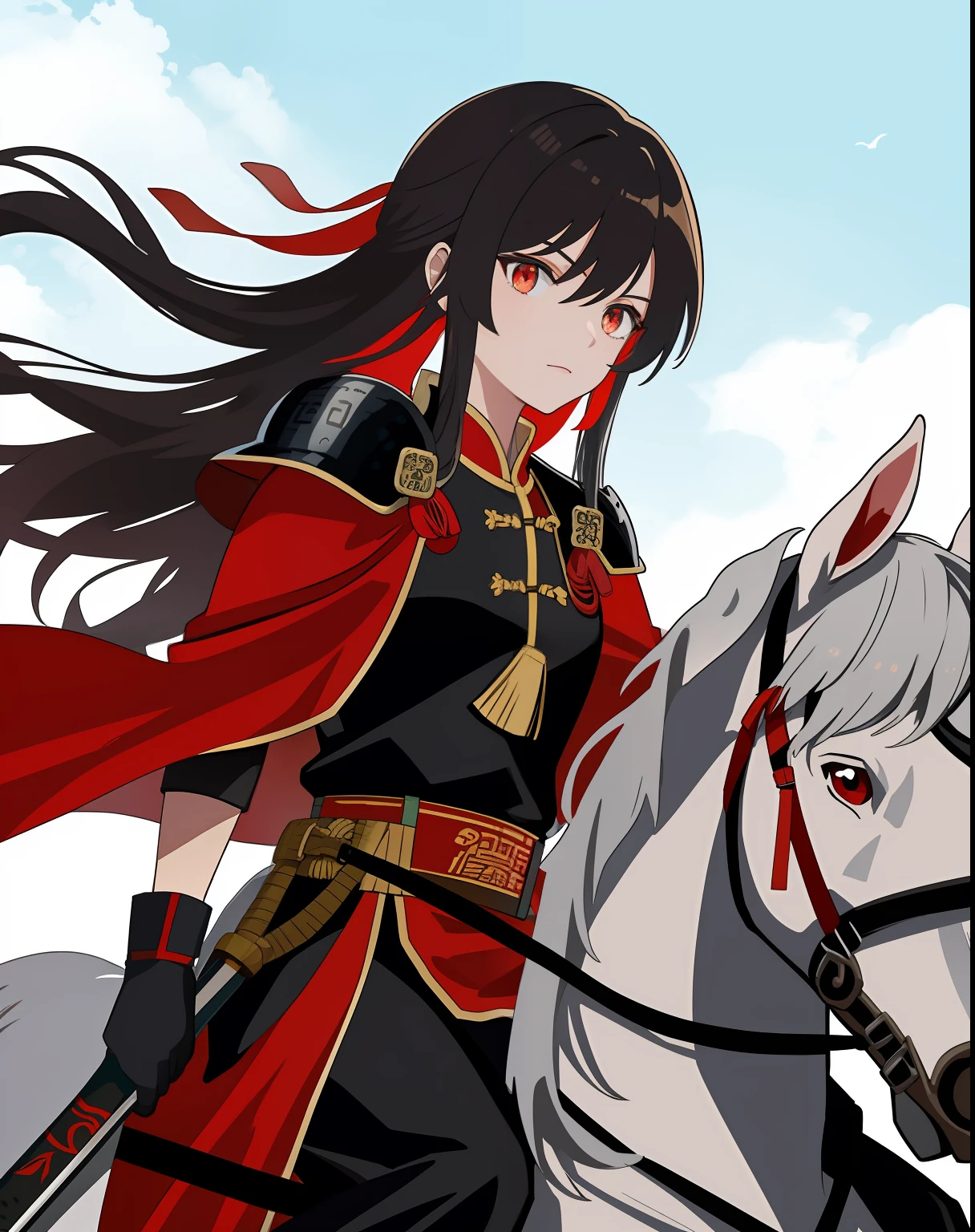 Ancient Chinese military general，Black armor，Red cape，schoolgirls，With a spear in his hand，red color eyes，Han dynasty style，Ride a white horse