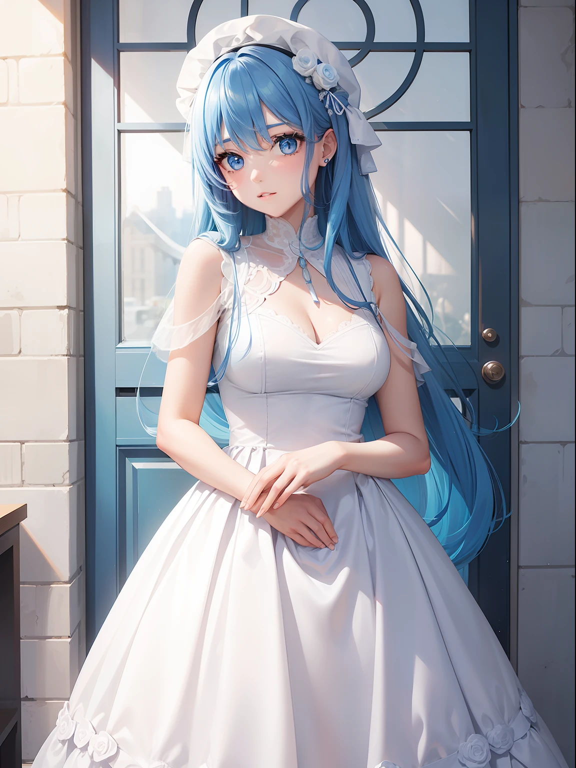 a women, blue hair, blue eyes, white dress