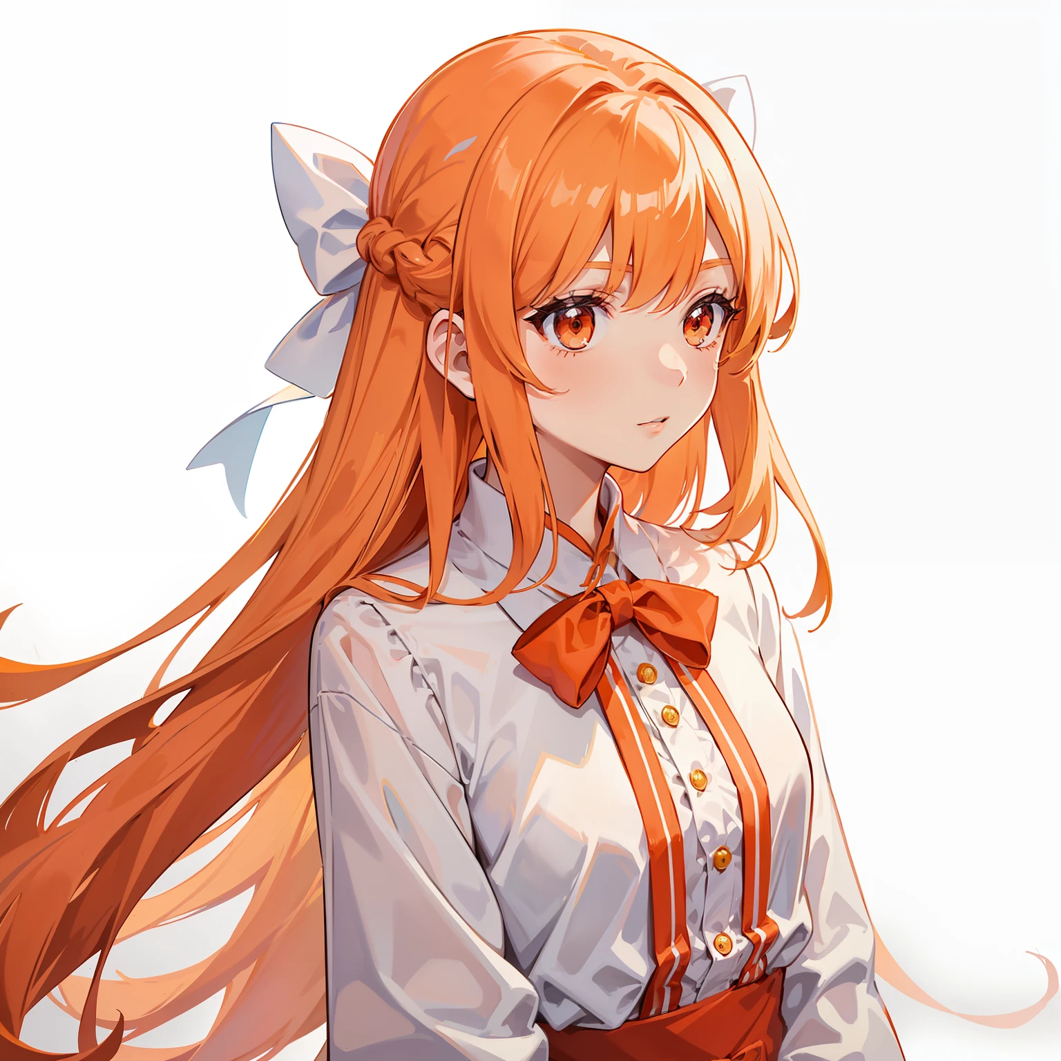 A long orange hair，In a white blouse shirt，The girl in the pink dress looked to the side a little tiredly，Her hair was tied with a white bow。