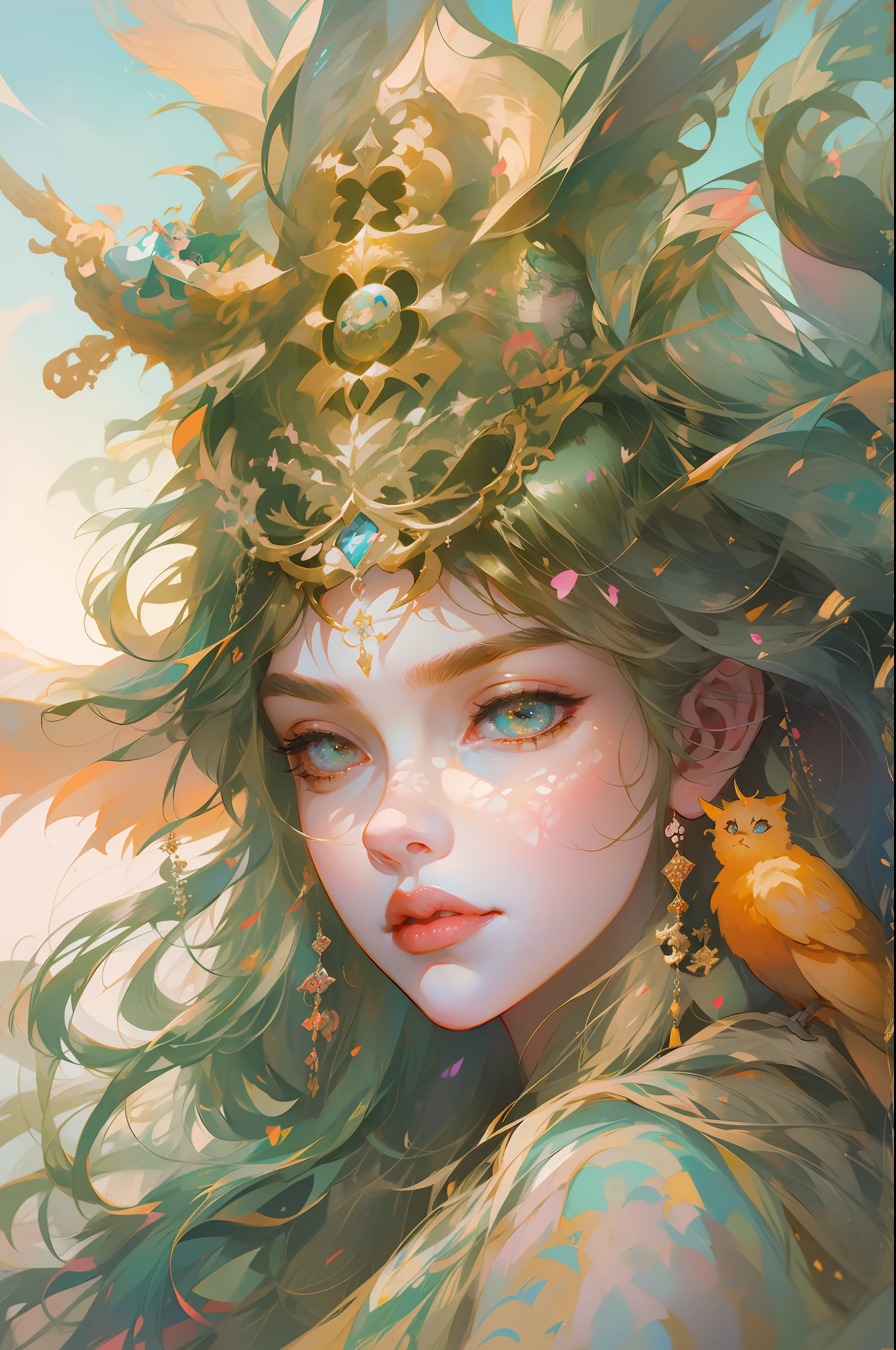 a painting of a woman with a bird on her head, detailed digital anime art, anime fantasy illustration, detailed matte fantasy portrait, goddess close-up portrait, goddess portrait, detailed portrait of anime girl, anime fantasy artwork, goddess. extremely high detail, beautiful anime catgirl, fantasy portrait, ((a beautiful fantasy empress)), korean art nouveau anime, detailed anime art