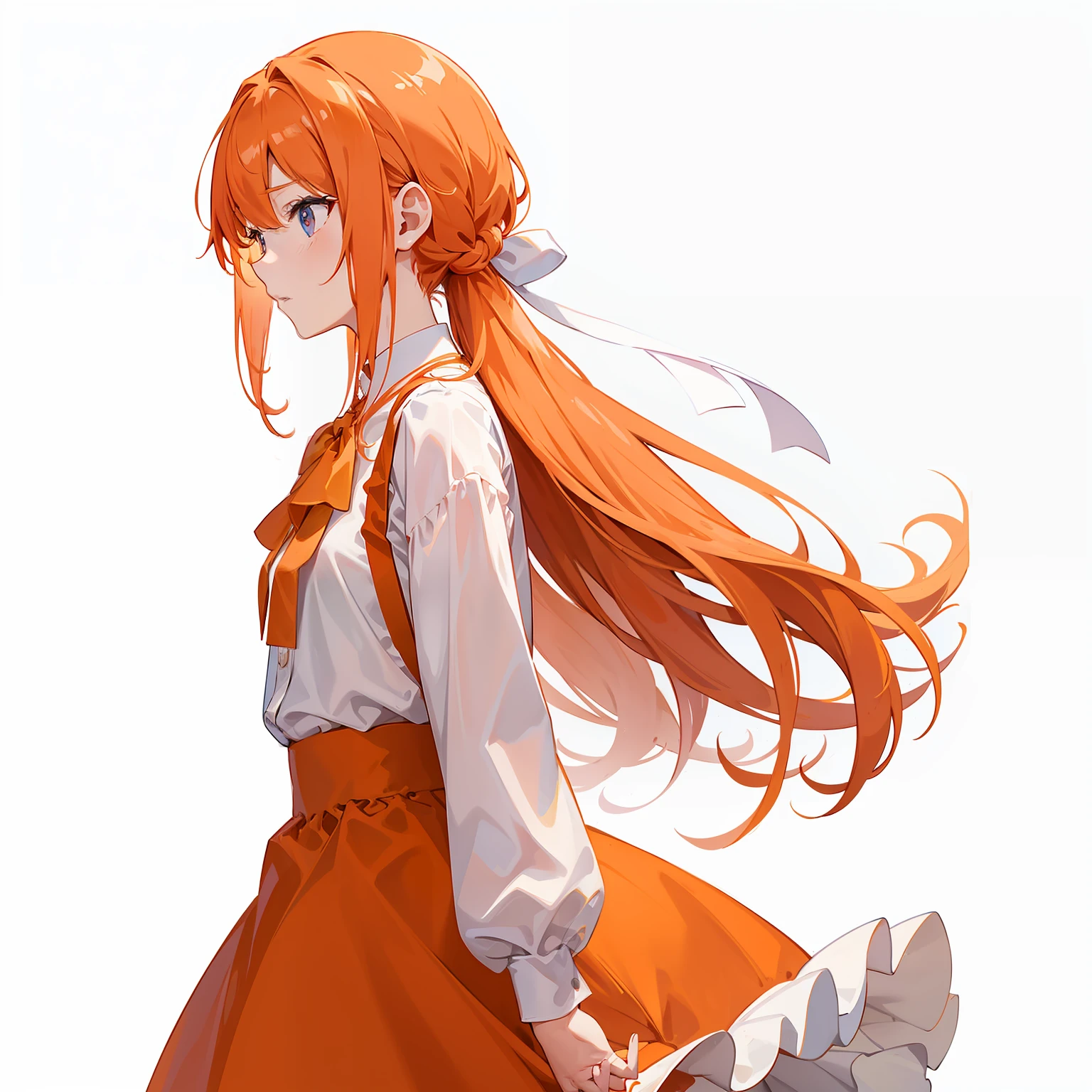 A long orange hair,In a white blouse shirt,The girl in the pink dress looked to the side a little tiredly,Her hair was tied with a white bow。