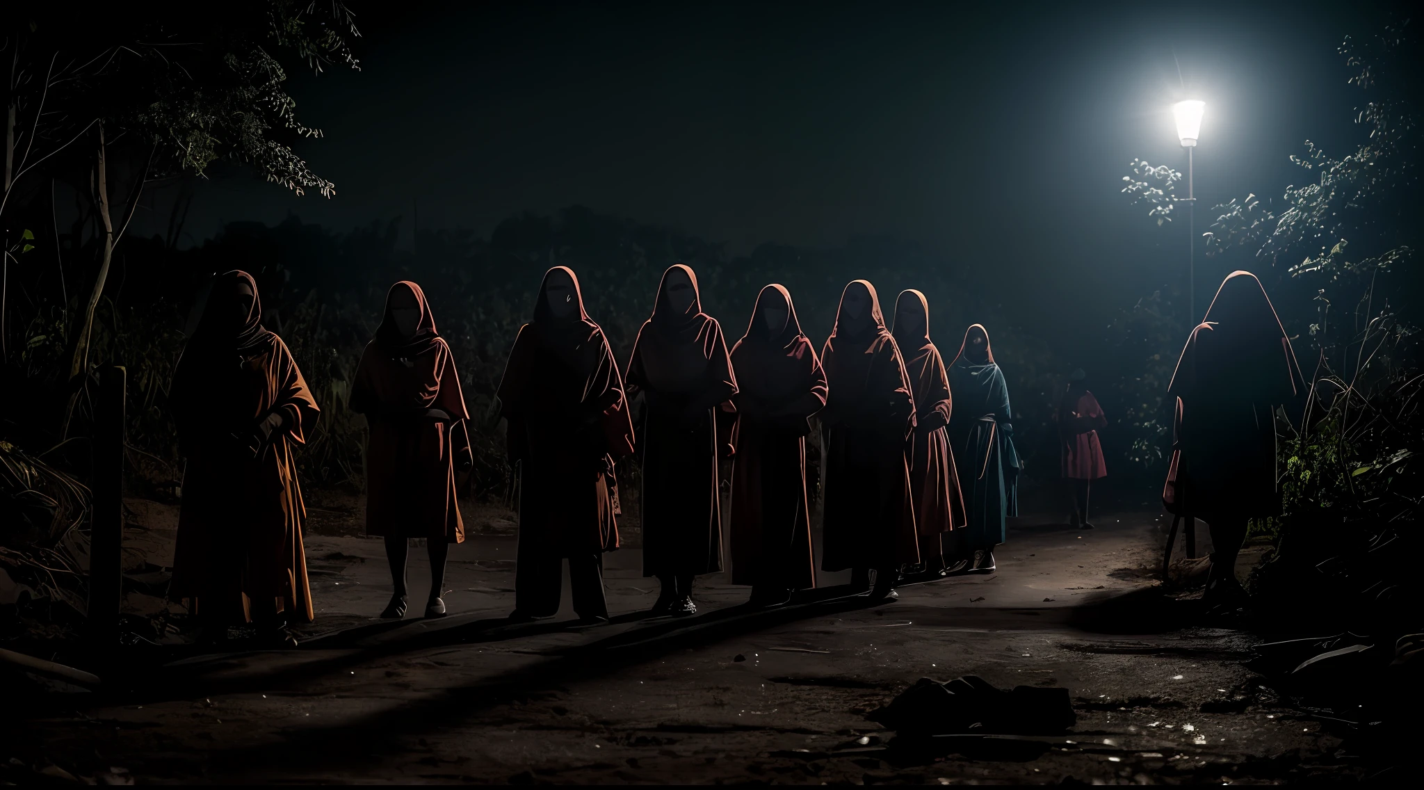 Obra-prima, cinematic quality, 8 k, Photo taken by a professional camera, The terrifying story of "Corpo Seco". Os moradores sussurravam sobre uma figura macabra que vagava pelas noites sombrias, waiting patiently for victims to venture into the treacherous darkness.