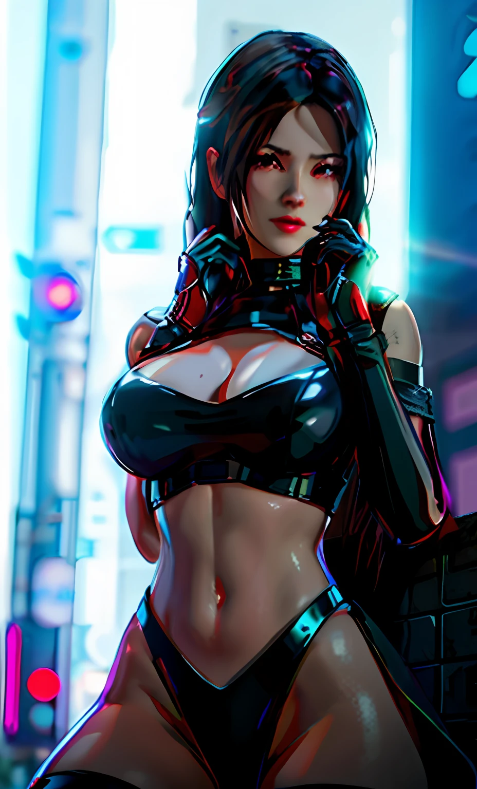 Sexy woman in latex poses in black bikini and latex gloves, alluring tipha lockhart portrait, seductive cyberpunk dark fantasy, Tifa Lockhart, Charming Tifa Lockheart, cyberpunk angry gorgeous goddess, ff Tifa, an oppai cyberpunk, tifa lockhart portrait, portrait of tifa lockhart, female cyberpunk anime girl, tifa lockheart, anime styled 3d