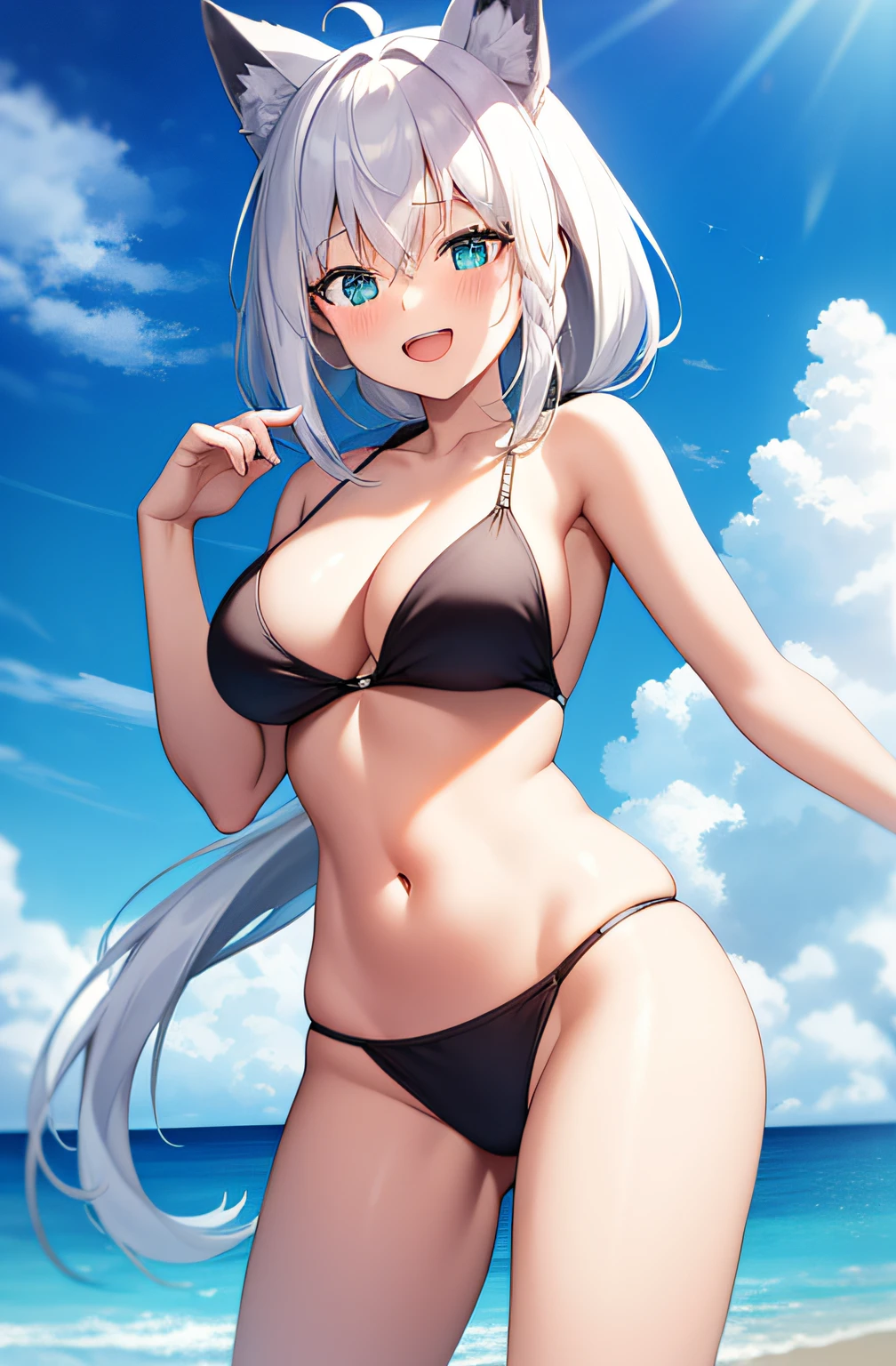 2D,​masterpiece, top-quality,superfine illustration, 1girl in,cowboy  shot, Looking at Viewer, Bangs, hair between eye, Standing, Side braid,white  hair,Dynamic Angle,Smile,bikini of,ocean,medium breasts,Open mouth,straight Ponytail,