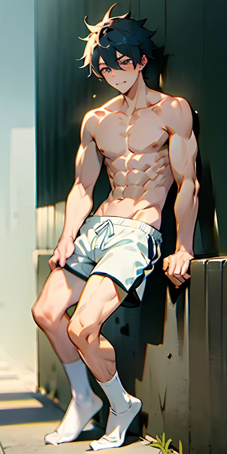 Handsome guy in white socks is crying, abs boy, sunny handsome, anime male protagonist, male high school student, white socks, topless, sports shorts, full body photo