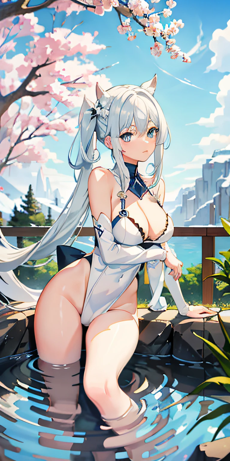 1girl, White hair, blue color eyes, quadratic element, Beth, dual horsetail, (onsen), sidelighting, wallpaper, nsfw,