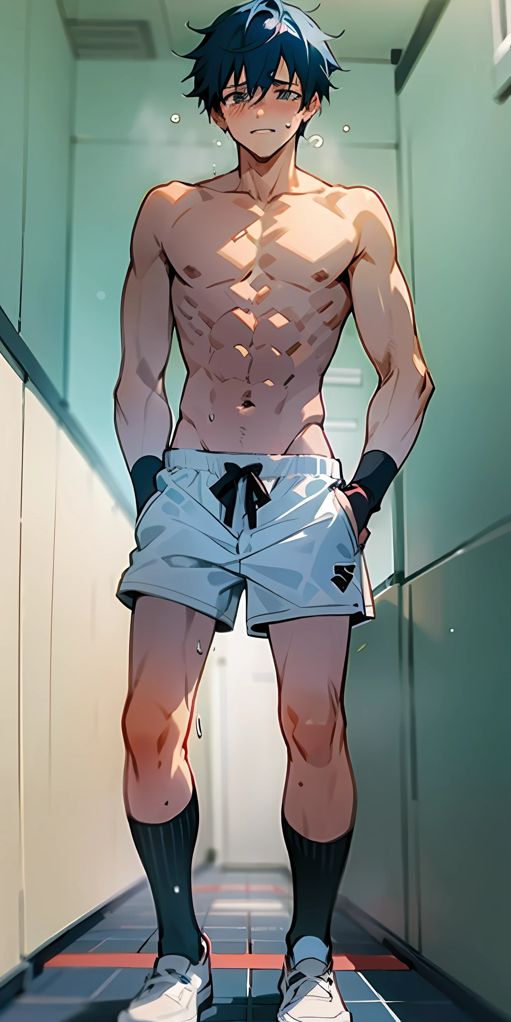 Handsome guy in white socks is crying, abs boy, sunny handsome, anime male protagonist, male high school student, white socks, topless, sports shorts, full body photo