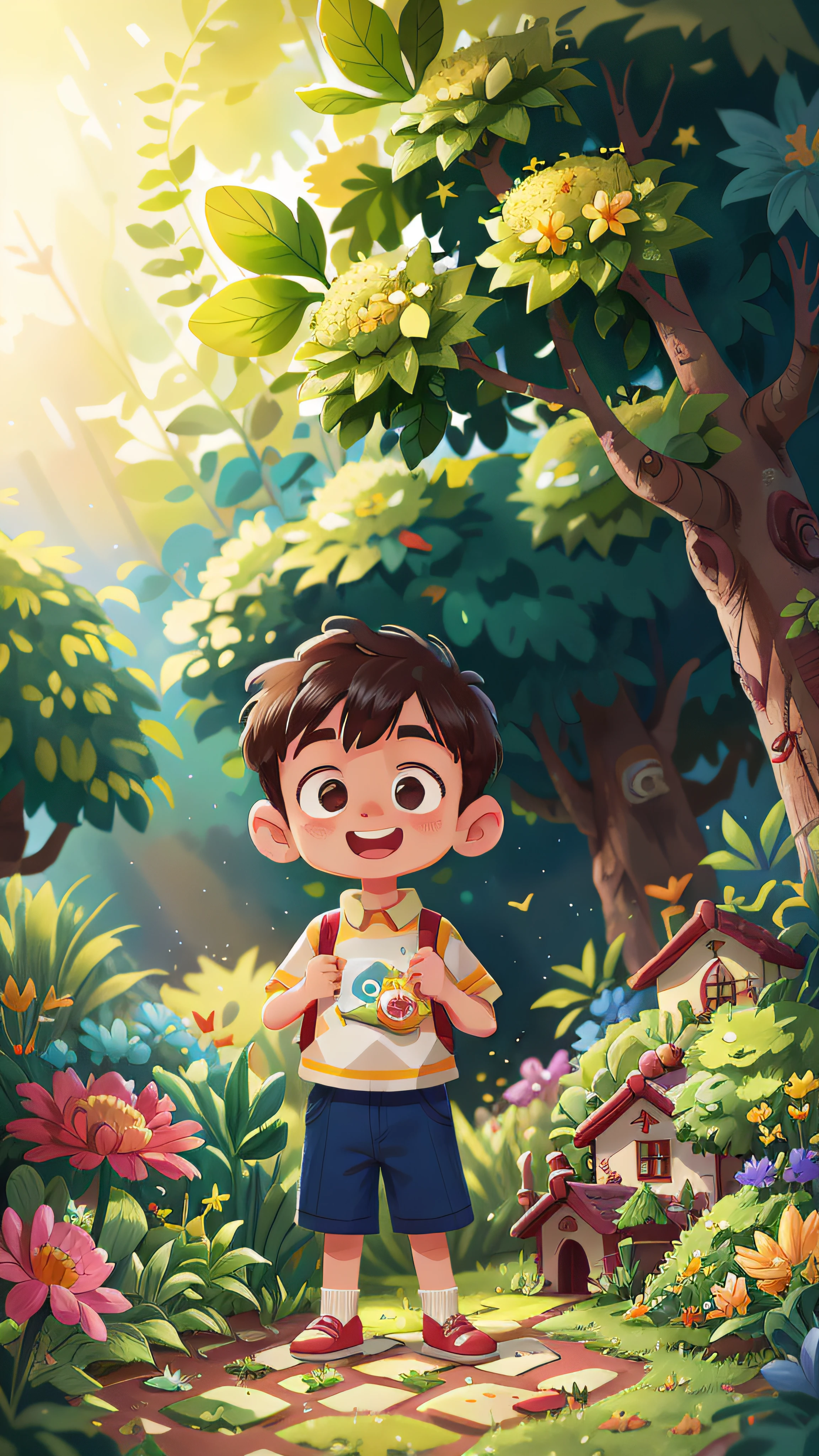 A 6-year-old boy standing in a garden, happy, happy, perfect quality, clear focus (mess - house: 0.8), (masterpiece: 1.2) (Realistic: 1.2) (Bokeh) (Best quality) (Detailed Skin: 1.3) (Intricate Details) (8K) (Eye Detail) (Sharp Focus), (Happy)