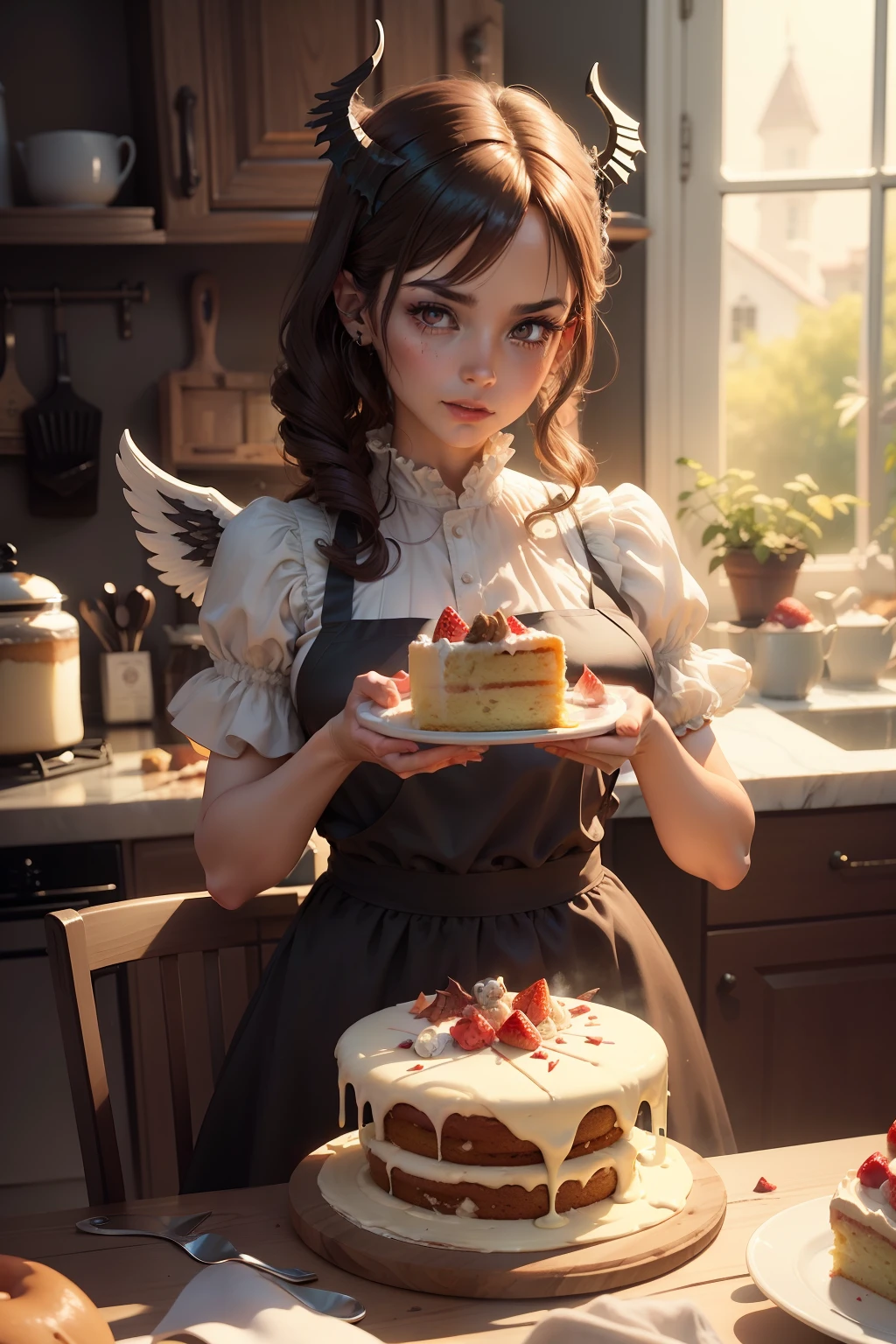 "(A demonic angel figure, who bakes a cake in the kitchen) Behind her stands another demon angel and admires the artwork, steals a piece of cake."